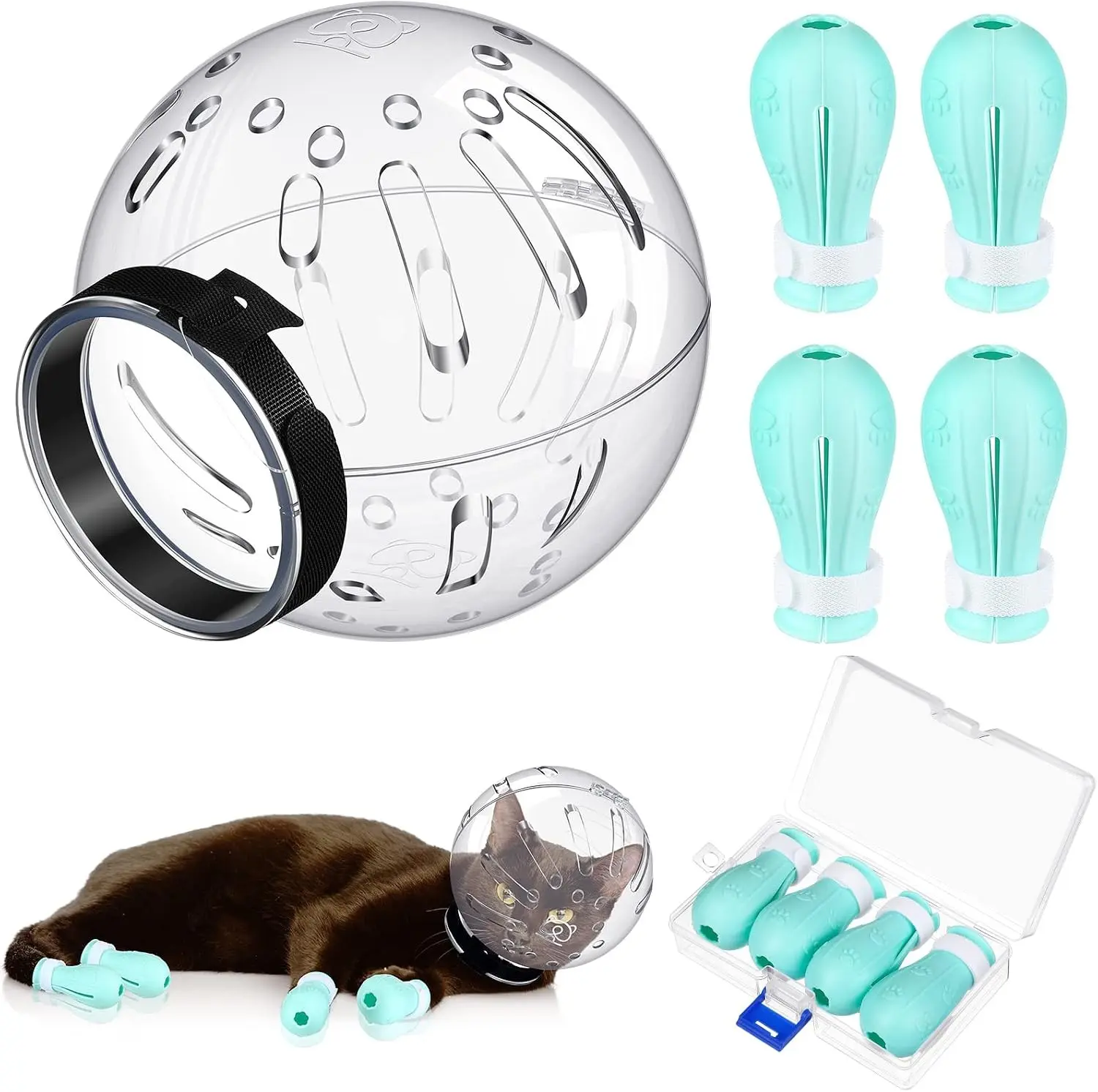 Adjustable Breathable Cat Grooming Muzzle Hood with Anti-Scratch Silicone Paw Covers, Anti-Bite Kitten Paw Protector for Pet Bathing Shaving (Large)