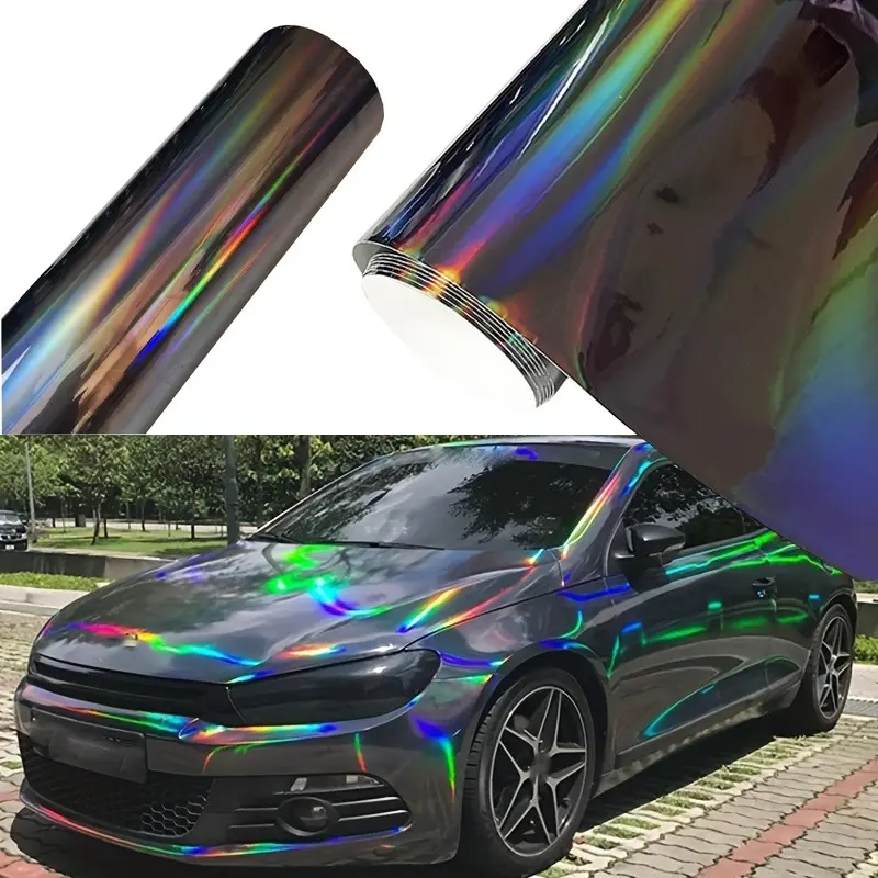 Glossy Plating Holographic Laser Chrome Black Vinyl Wrap Film With Air Release Self Adhesive DIY Car Motorcycle Bicycle Decoration Sticker Decal Car Stickers Stickers For Cars