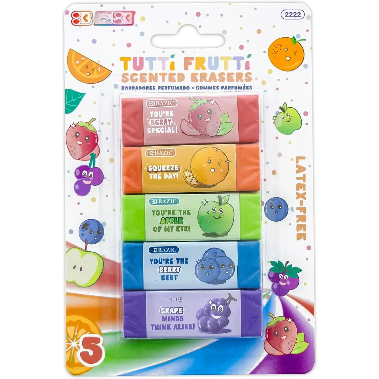 Tutti Frutti Scented Erasers, , Latex-Free, 5 Ct | fruit-scented erasers (strawberry, , orange, blueberry, grape), Clean erase
