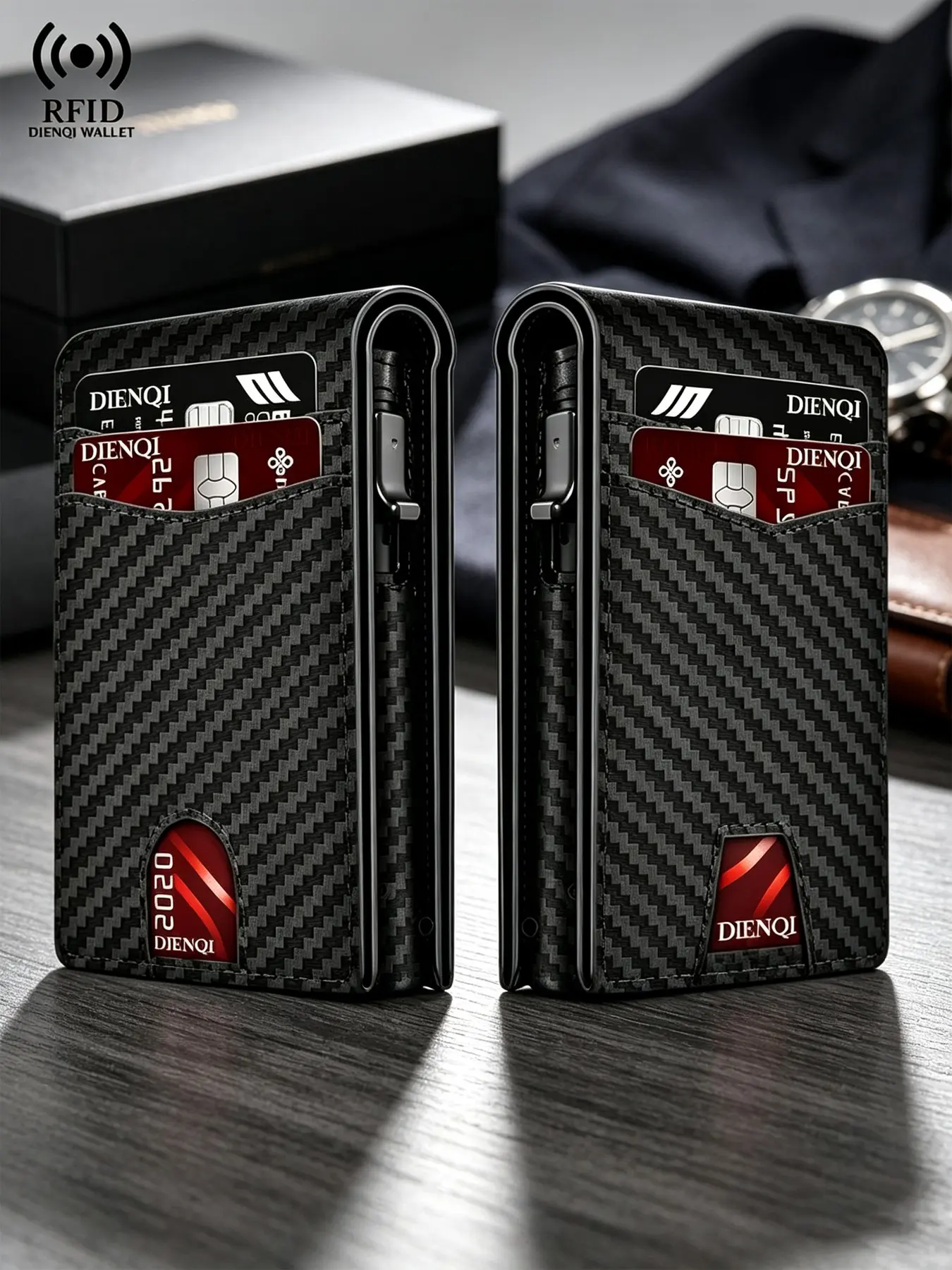 Men Carbon Fiber Pattern RFID Blocking Wallet, Slim Pop-Up Credit Card Holder, Multi Card Slots, Business Pocket Card Holder for Daily Travel