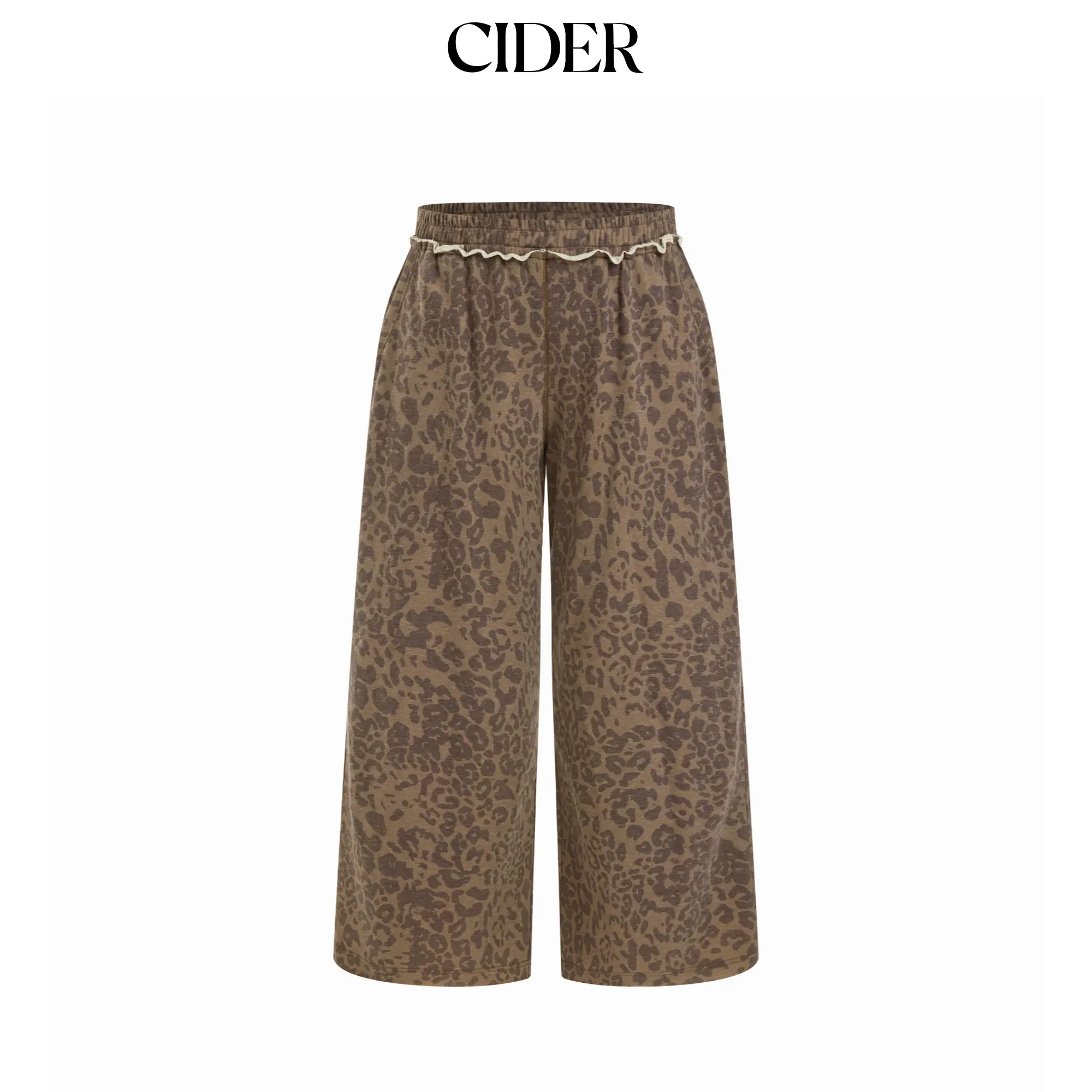 Cider Cotton-blend Mid Rise Leopard Lettuce Trim Wide Leg Trousers