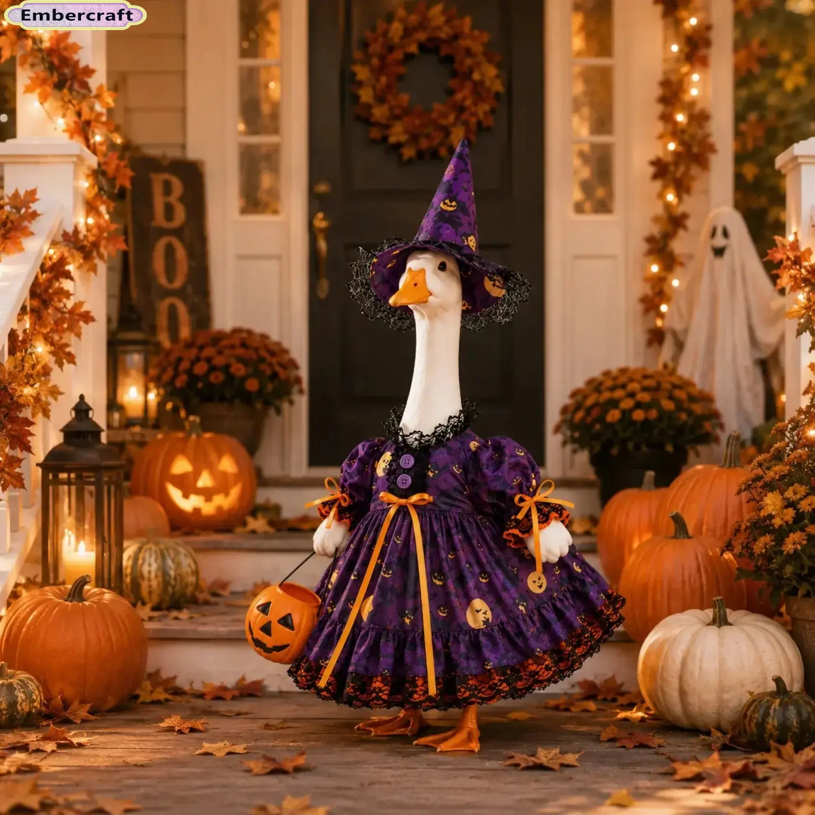 23 Inch Porch Goose Halloween Witch Costume, Purple Lolita Style Goose Outfit Complete with Witch Hat & Pumpkin Basket, Soft Decor Clothes, Cute Holiday Accessory for Front Porch Lawn Yard Patio Outdoor Halloween Art Displays