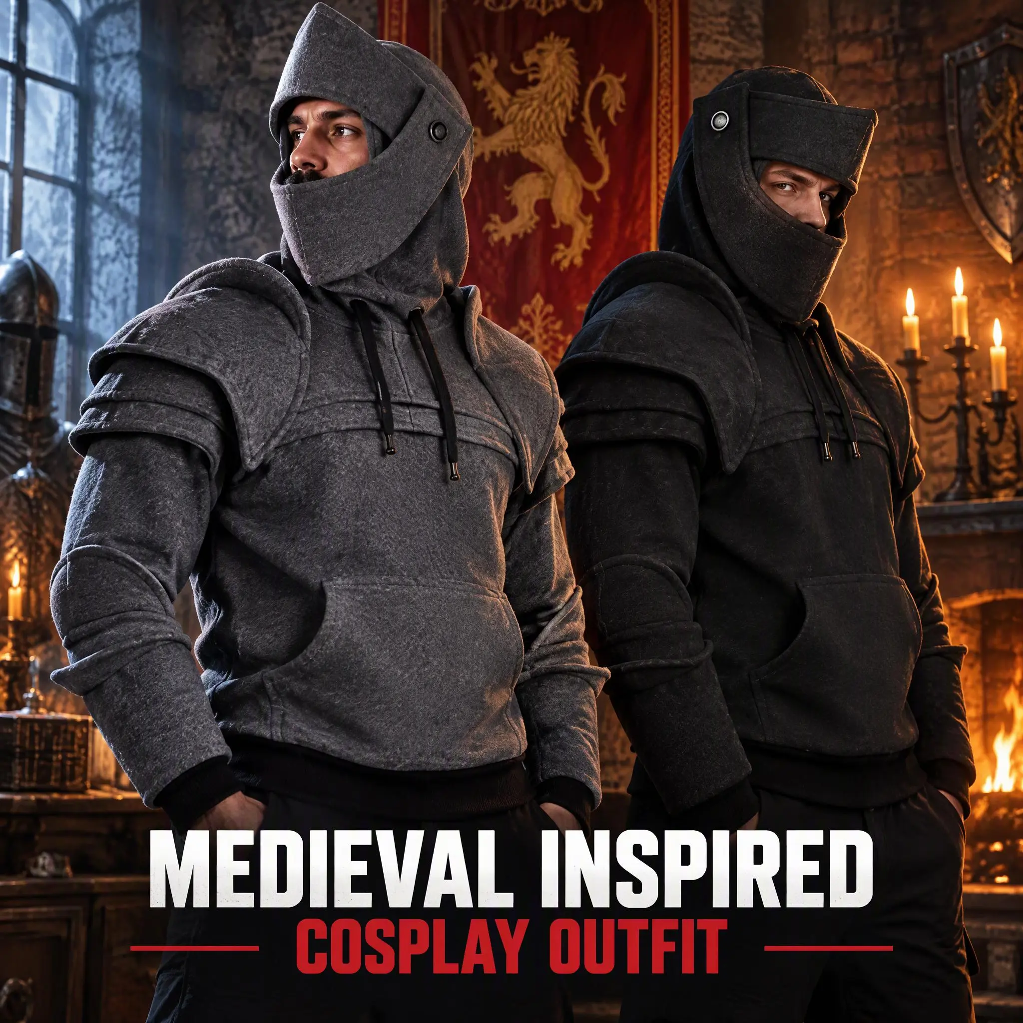 Medieval Knight Armor Hoodie for Men, 3D Helmet Hood Sweatshirt with Layered Shoulder Details, Gothic Streetwear Pullover for Cosplay, Halloween Costumes and Themed Parties, Black and Gray