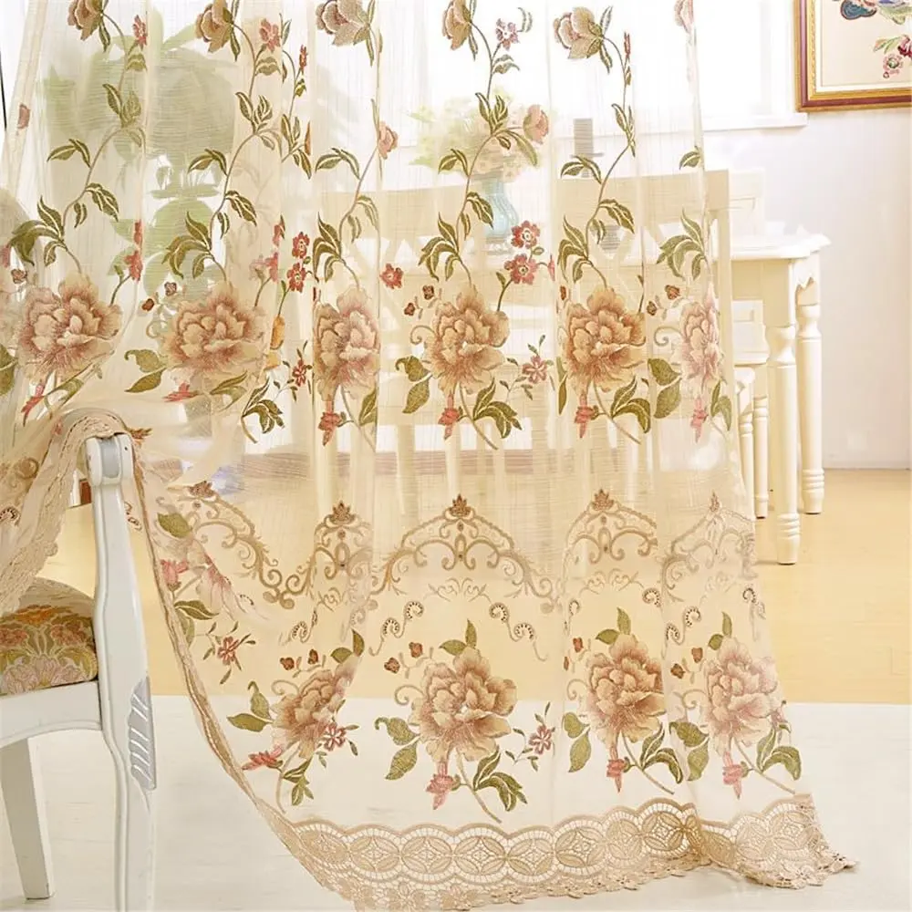 Luxury Floral Embroidery Gauze Sheer for Bedroom Rod Top| Retro European Style, Shiny Threads Embroidered Sheer for Living Room Dining Room Home Decor Window 1 Panel
