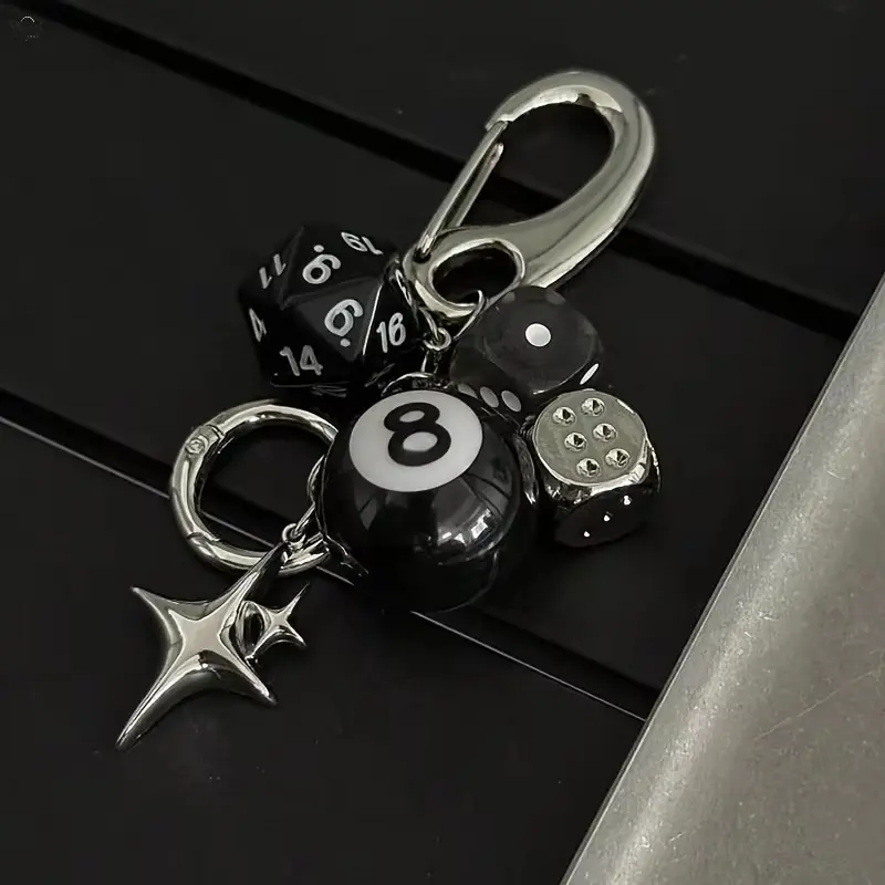 Multi Color 8 Ball Dice Star Keychain Charm, Cool Y2K Billiard DND Dice Bag Pendant with Metal Carabiner Clip, Niche Street Decor Accessory for Backpack Handbag Car Keys, Creative Small Gift for Teens Young Men Women