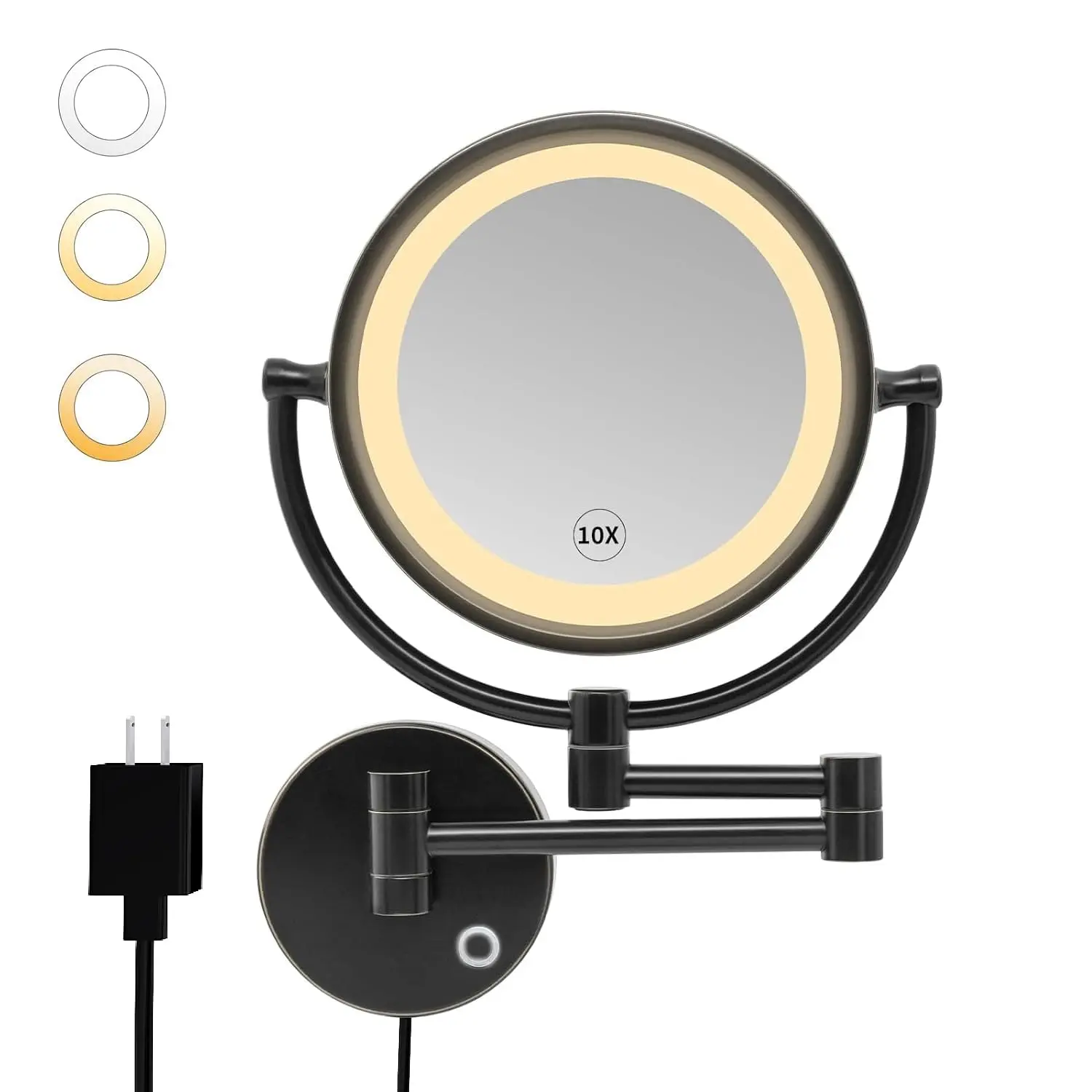 8.5 Inch Magnifying Makeup Mirror with 3 Dimmable LED Lights Double Sided Touch Control Vanity Mirror for Bathroom with 10X Magnification Black Finish M1809D(Black/10X)