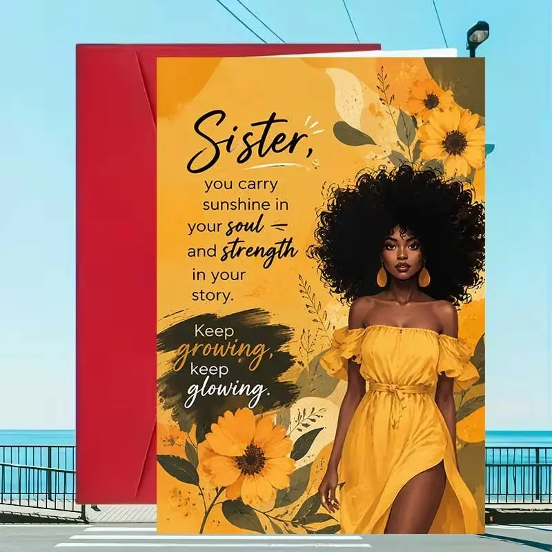 Radiant Sunflower Birthday Greeting Card, Woman in Dress, Artistic Floral Design, Includes Envelope, Perfect for Sisters