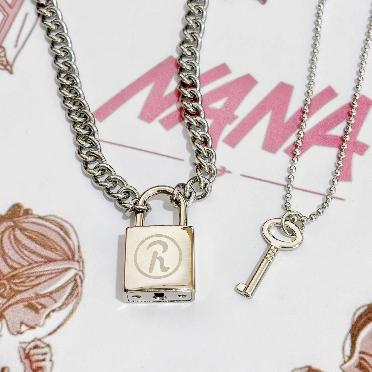 Anime Theme Lock-Key Pair Alloy Metal 2-Piece Pendant Necklace Set, Silver Polished Finish Couple Matching Outfit Accessories for Women, Valentine Gifts