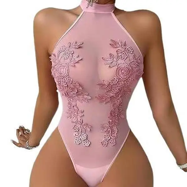 Women's Sleeveless V-Neck Sheer Mesh Bodysuit with Embroidery Detail, Floral Motif, Party Wear, Cold Wash (Sports & Outdoor Clothing)
