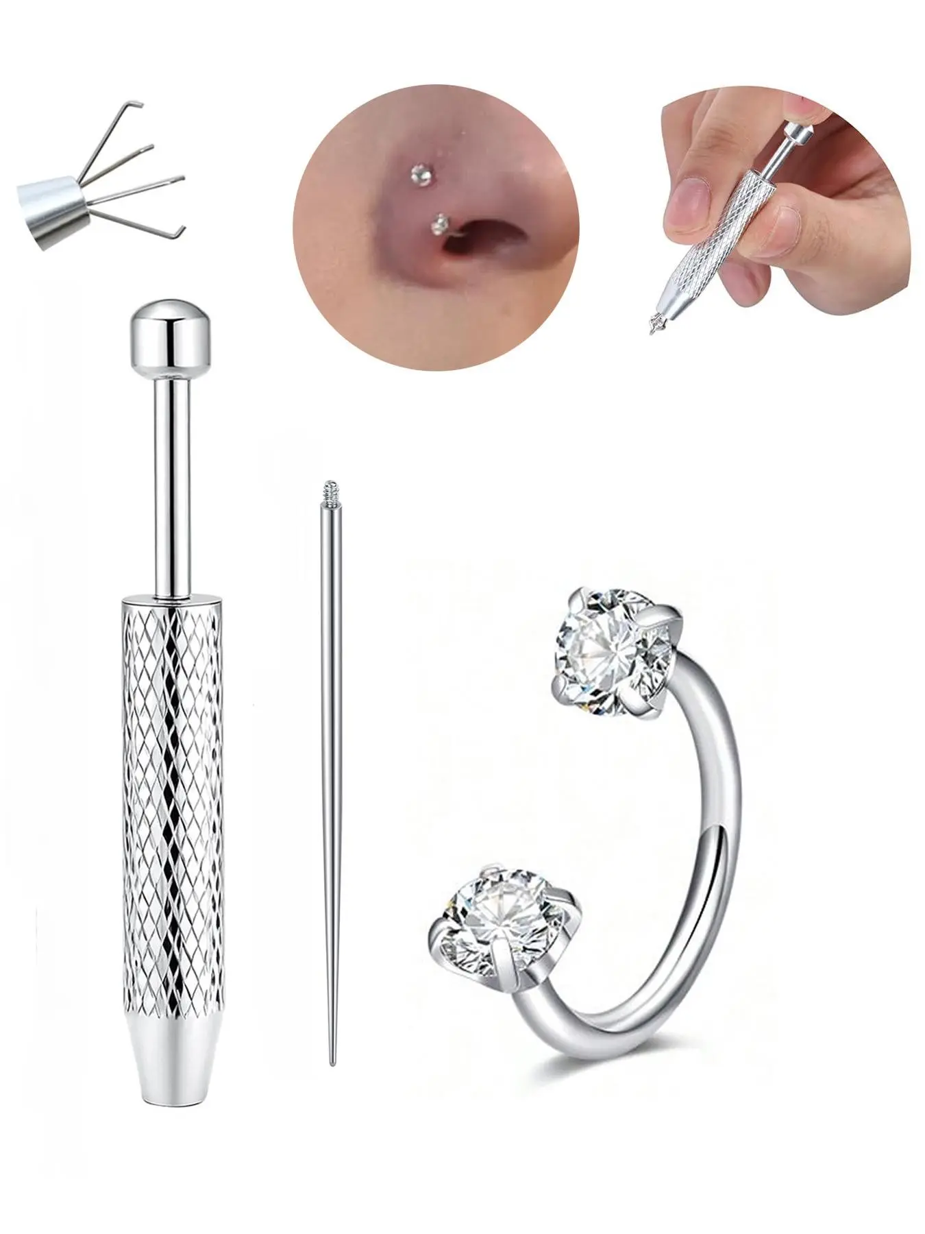 20gauge Double CZ Horseshoe Nose Ring With Piercing Ball Grabber Tool, Internal Threaded Hypoallergenic Stainless Steel 6/7/8mm U Shaped Hoops for Nose Septum Ring Cartilage Tragus Helix Earring Labret Lip Piercing Jewelry