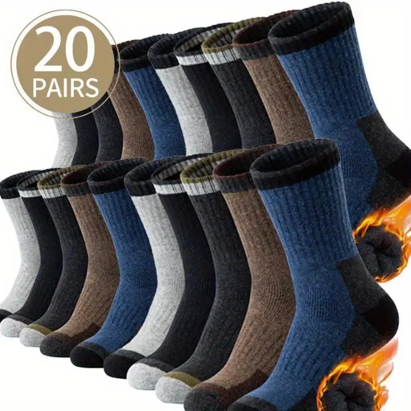 20 Pairs Mens Merino Wool Socks, Winter Thick Thermal Crew Boot Stockings & Heavy Duty Moisture Wicking Warm Cushion Socks Pack for Outdoor Hiking