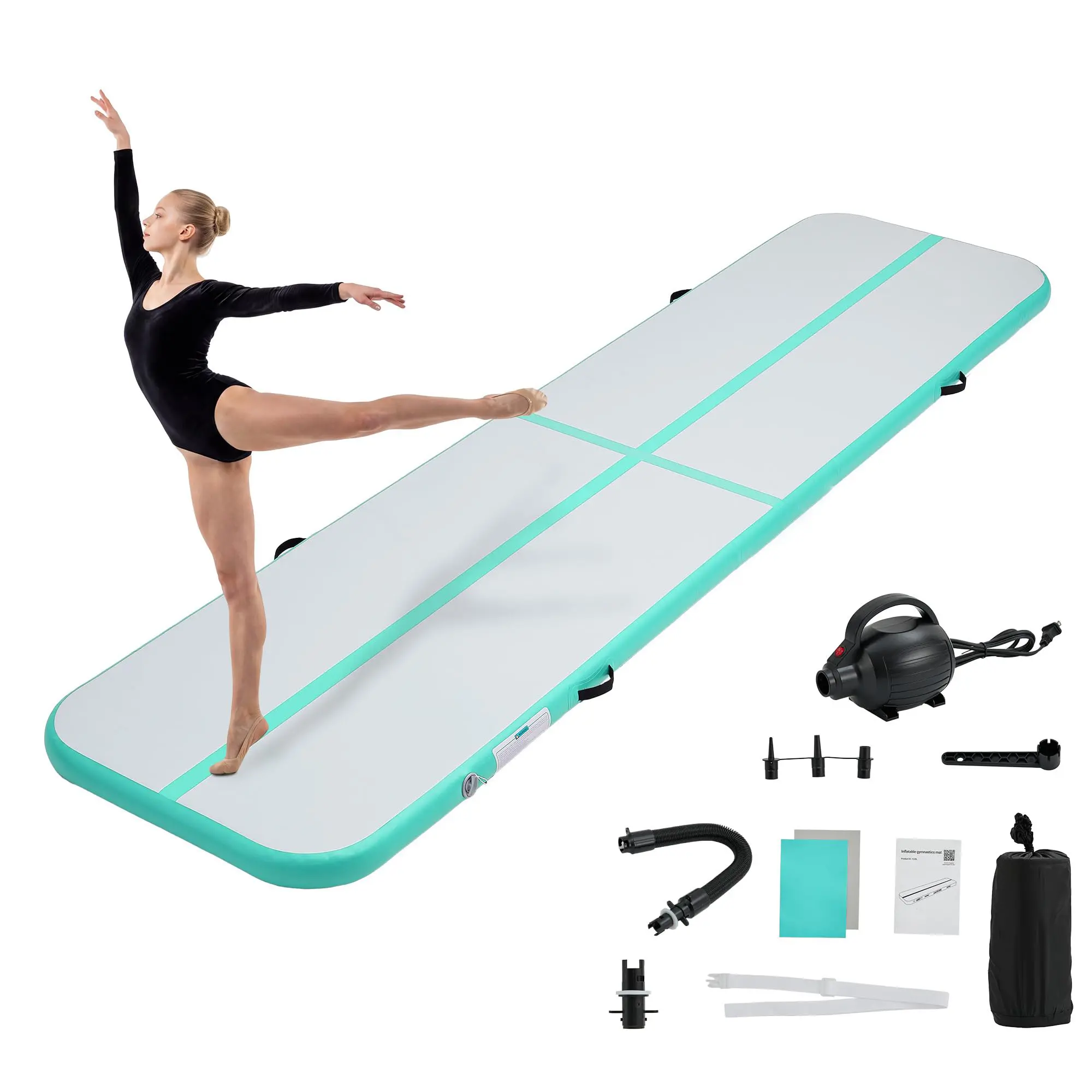 Inflatable Gymnastics Mat with Electric Pump, Anti-Slip Tumbling Mat for Yoga, Cheerleading, Dance, Martial Arts, Home Workout & Outdoor Camping, Portable Air Tumble Track with Carrying Bag