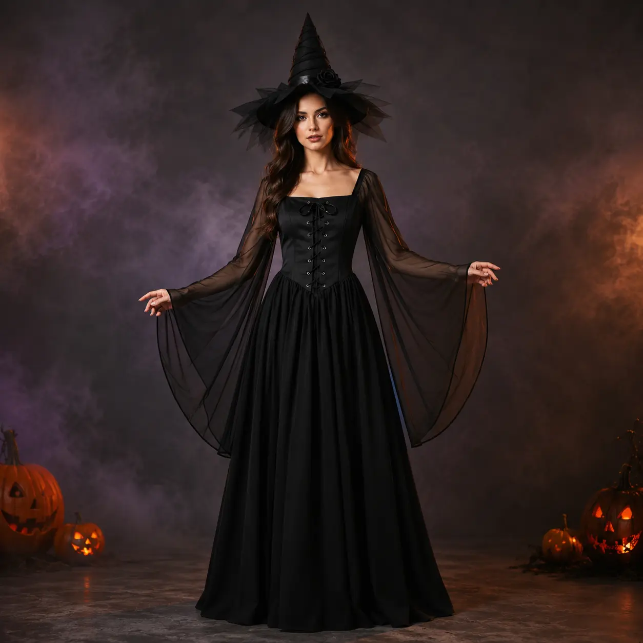 Black Gothic Witch Dress for Women, Long Halloween Costume Dress with Square Neck, Lace-Up Corset-Inspired Bodice, Sheer Bell Sleeves and Full Skirt for Witch Cosplay, Gothic Party, Masquerade and Costume Events
