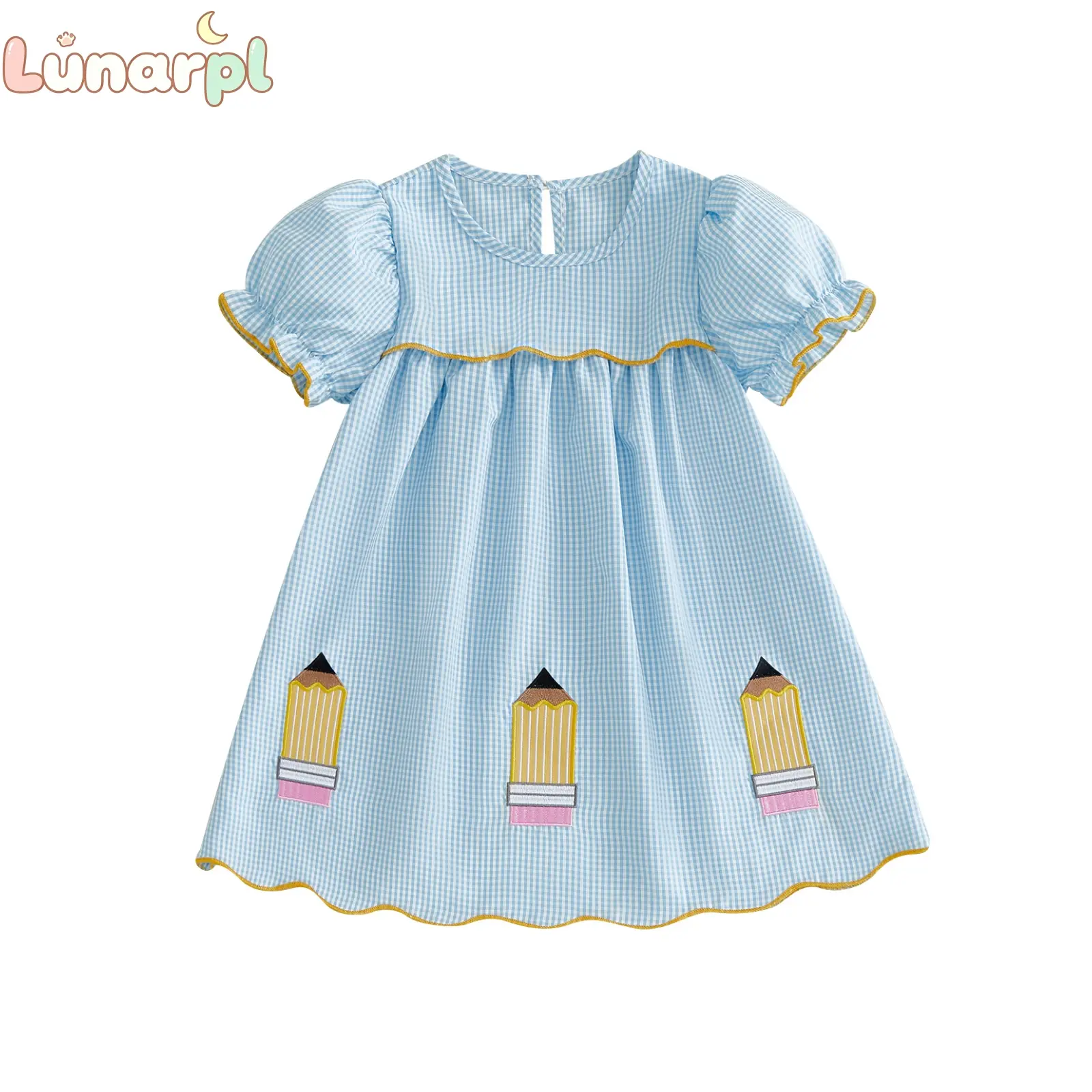 Toddler Baby Girl's Back to School Gingham Dress - Pencil Appliqué, Puff/Short Sleeves, A-Line Cut Design