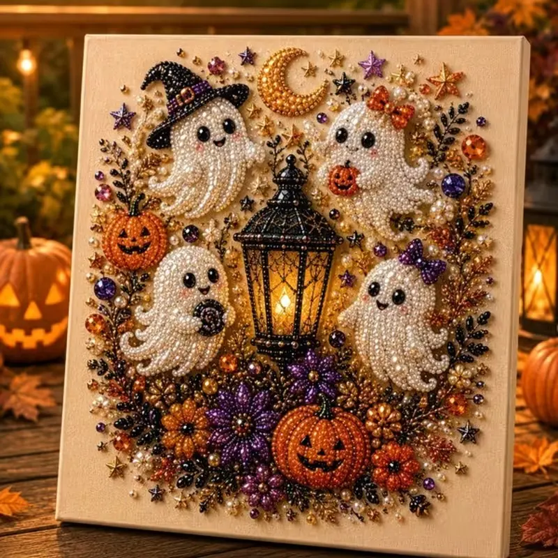 Halloween Ghost Pearl Rhinestone Painting Kit, Gothic Pumpkin Moon Mosaic Craft Ornament For Autumn Home Table Wall Decor, Art