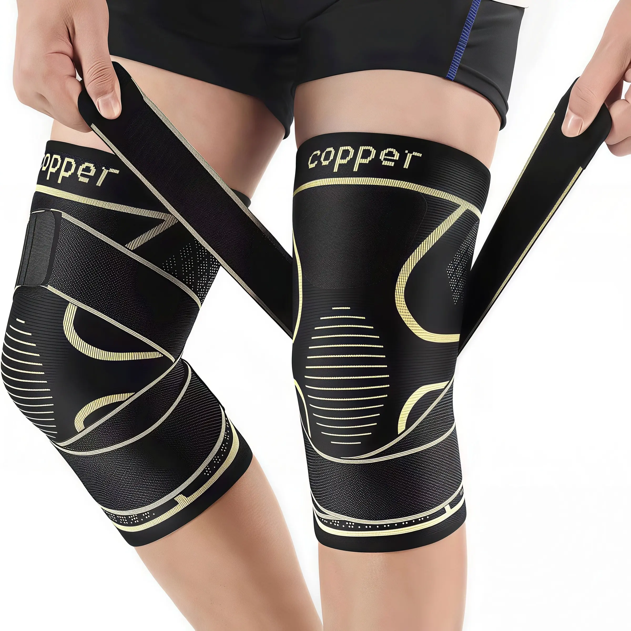 Blended Copper Ion Fiber Knee Support Brace (2-piece Set), Knee Supporter, Knee Compression Sleeve, Suitable for Pain Relief, Work, Running, Weightlifting