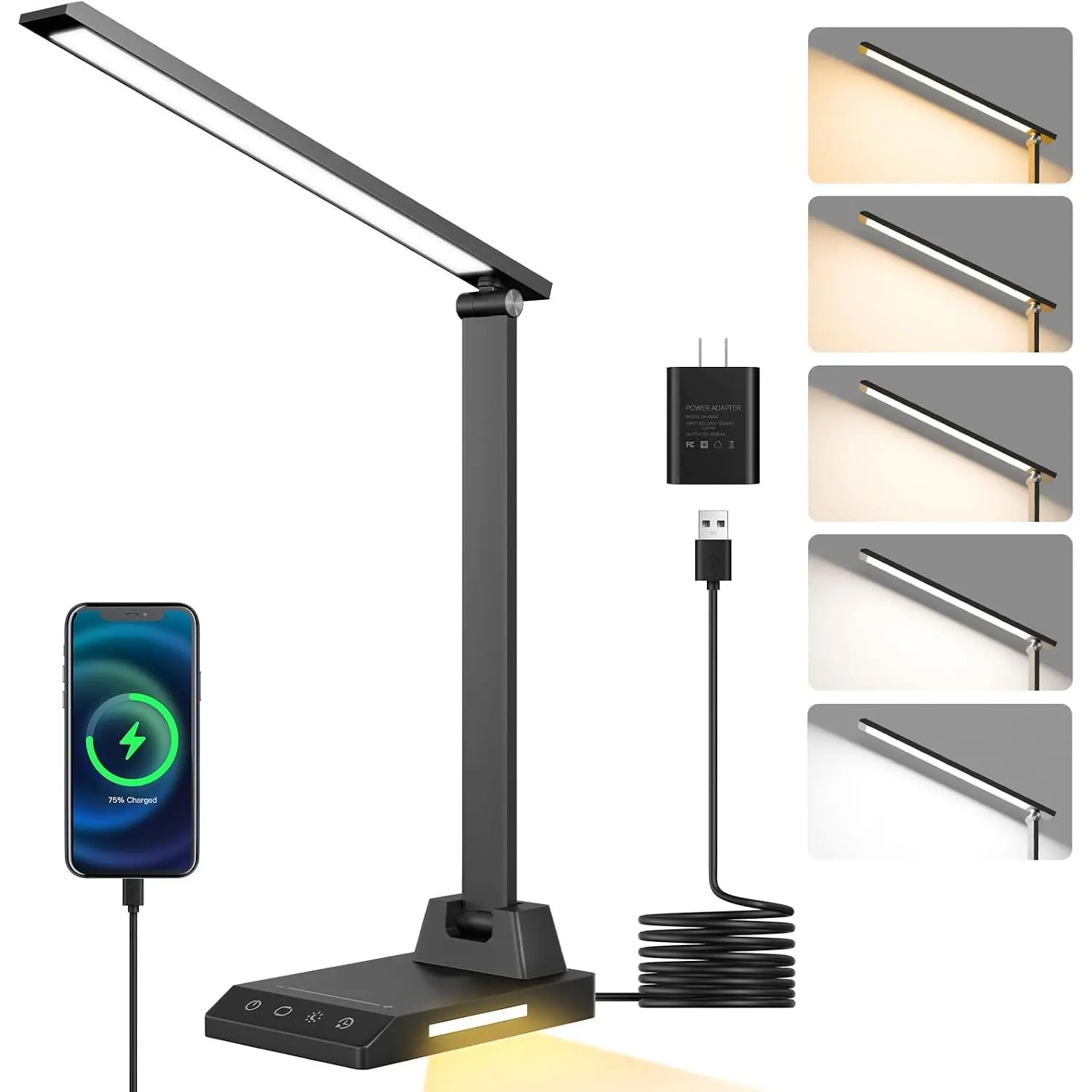 LED Desk Lamp with USB-C Charging Port, Dimmable Desk Lamp for Home Office, Eye-Caring Reading Lamp with 25 Lighting Modes, Small Desk Light for Bedroom Nightstand with Adapter