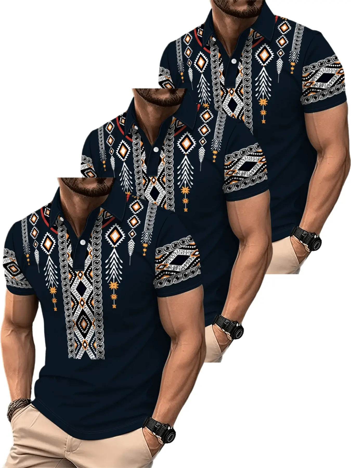 Men's Ethnic Print Short Sleeve Polo Shirt Set, Deep Blue Geometric Pattern, Slim Fit Casual Top, Three Pieces, Comfortable and Stylish, Menswear