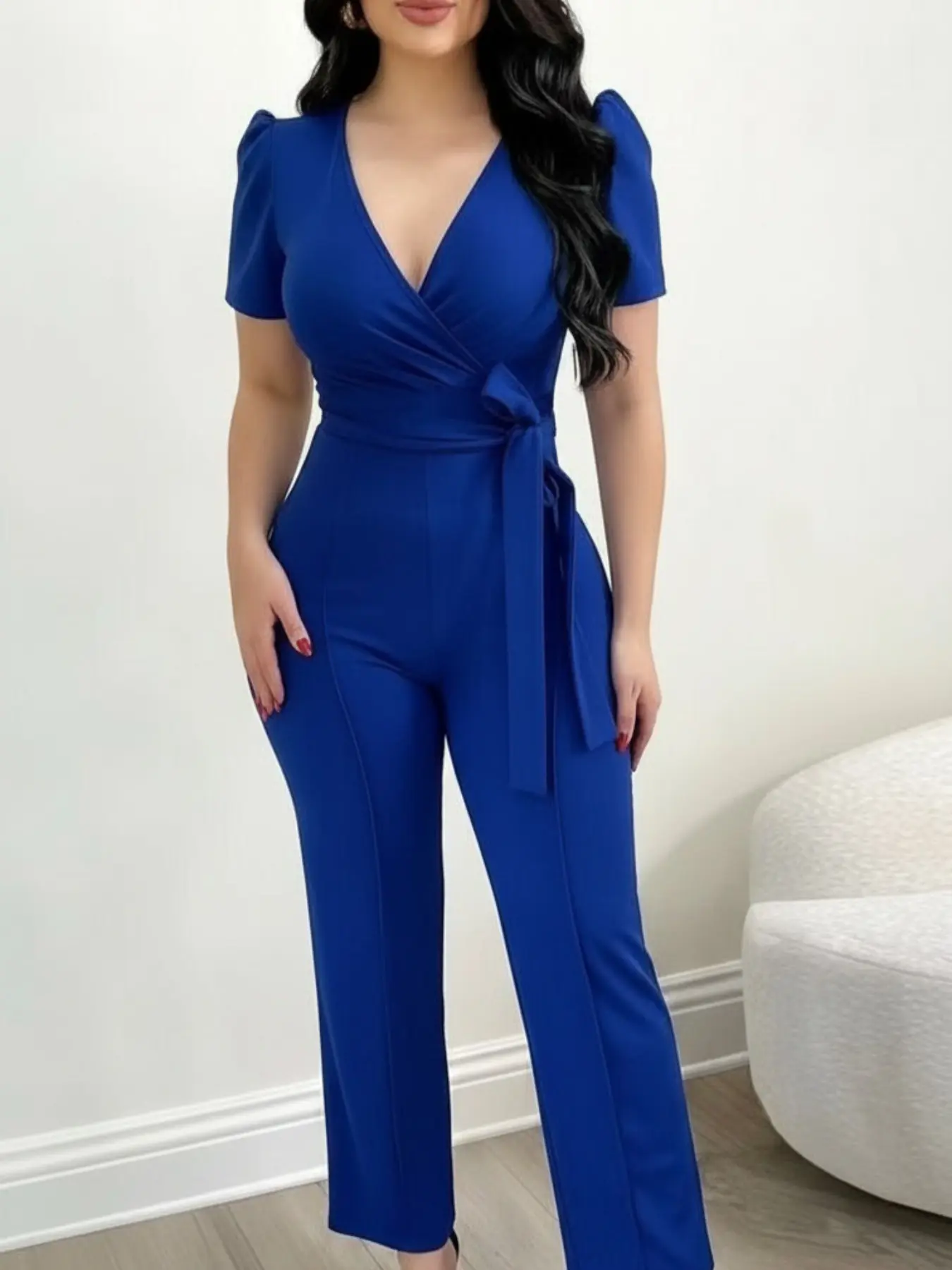 Women's Solid Color High Waist Belted Wrap Puff Sleeve Jumpsuit, Elegant Deep V-Neck Straight Leg Jumpsuit, Women's Summer Clothes for Office