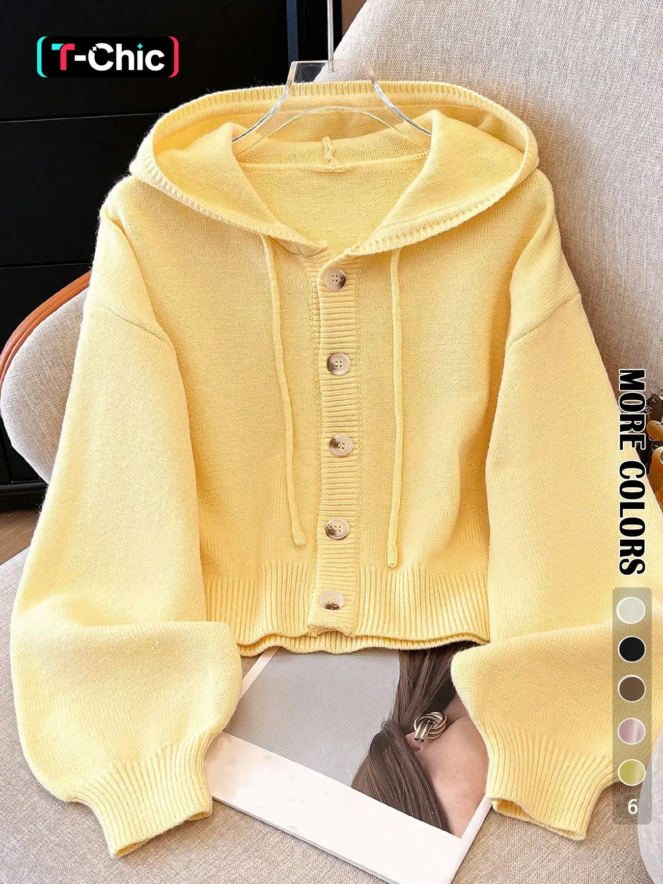 Women's Fall Winter Hooded Fitted Long Sleeve Cardigan, Casual Button Front Short Sweater Coat, Simple Style Basic Knitwear for Daily Wear Womenswear