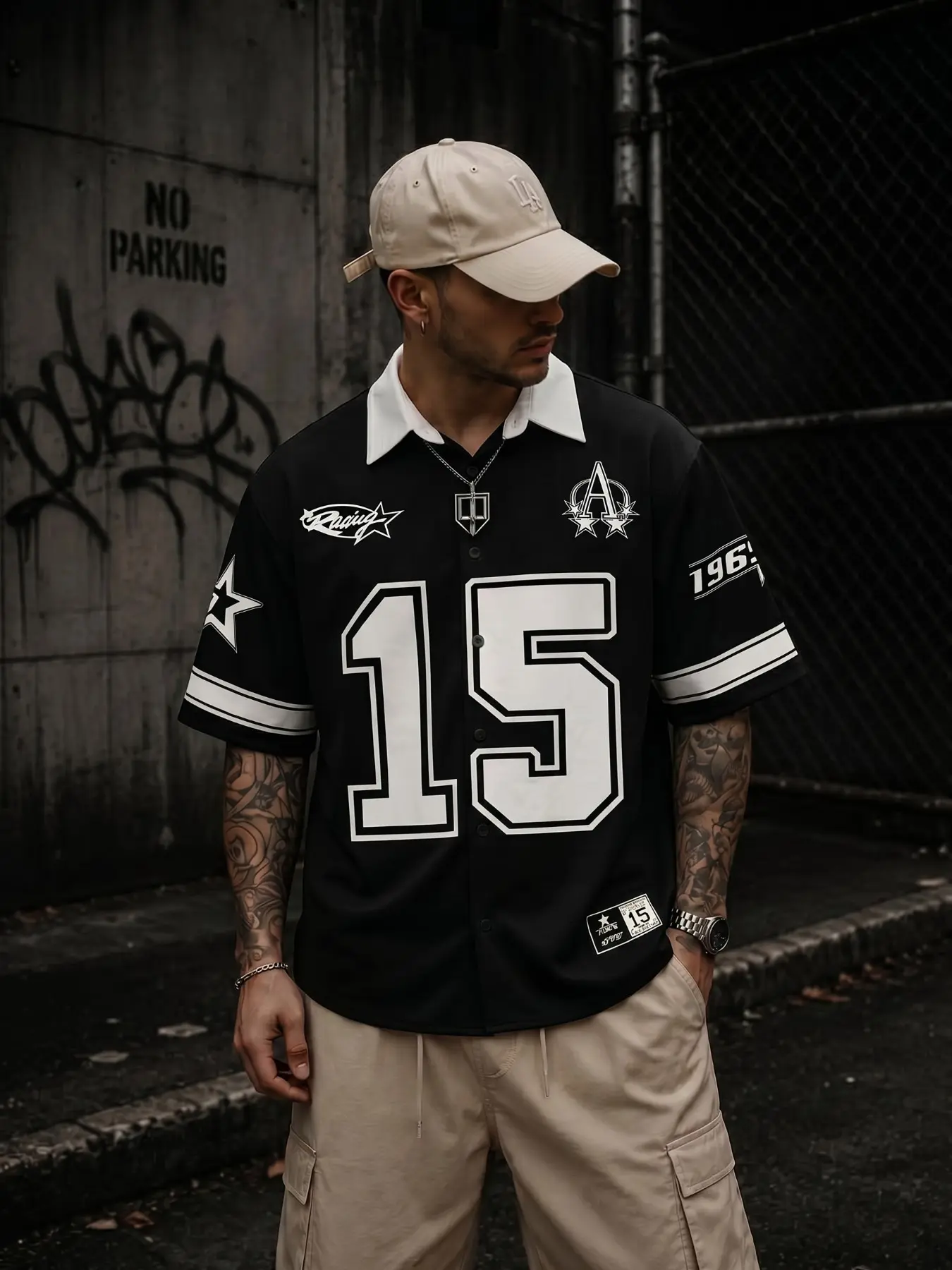 Black White Collar Mesh Baseball Jersey, Throwback Jersey, with Big Number 15, Star Patch & Vintage 1960s Varsity Logo Print, Oversized Loose Fit Streetwear Short Sleeve Button Up, Sporty Casual Summer Outfit for Retro Baseball Fans