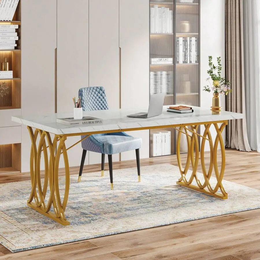 63" W x 31.5" D Adjustable Metal Executive Desk, Large Modern Computer/Conference Table, White & Gold Office Meeting Room Furniture for Daily Business Home Use, Assembly Required