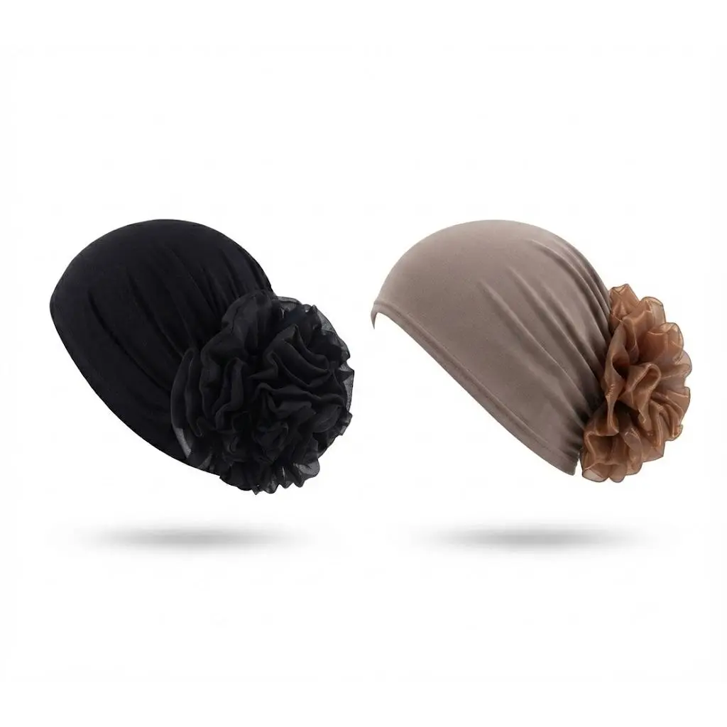 Women's 2PCS Cotton Cute Stretch Knit Flower Turban Head Wrap Set - Chemo Headwear, Chiffon Flower Hijab, Head Scarf Turbans, Matching Headscarf, Hair Scarves Cover Up Kerchief (Brown & Black), Adorable Style Head Scarves