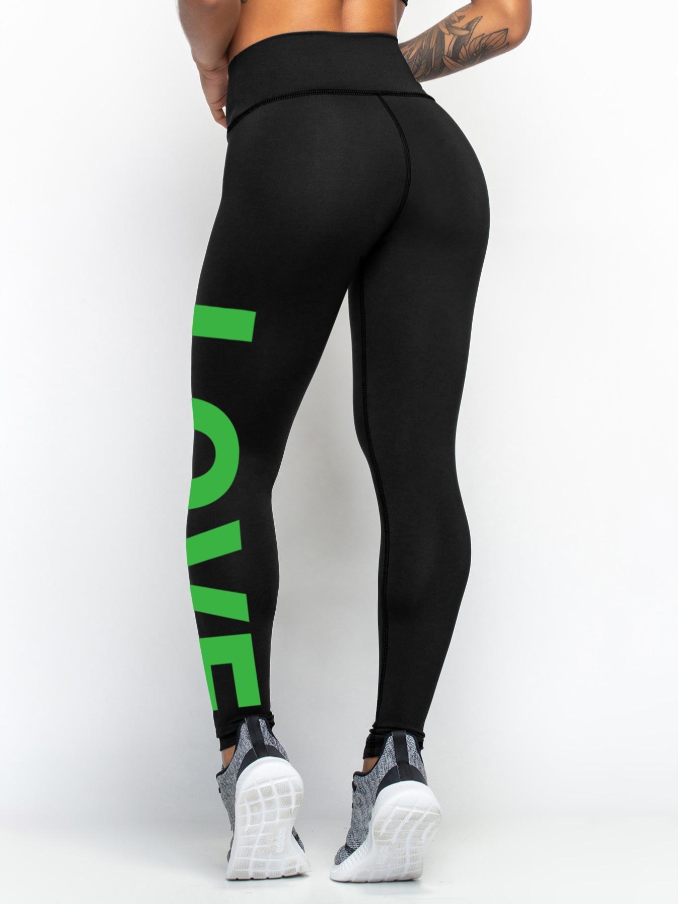 Women's Letter "LOVE" Print High Waist Sports Leggings, Sporty Comfy Skinny Pants, Summer Outfits 2024, Gym Clothes, Gym Fitness Leggings, Stretchy Workout Leggings, Ladies Sportswear, Tummy Control, Skinny Yoga Bottoms, High Waisted Leggings