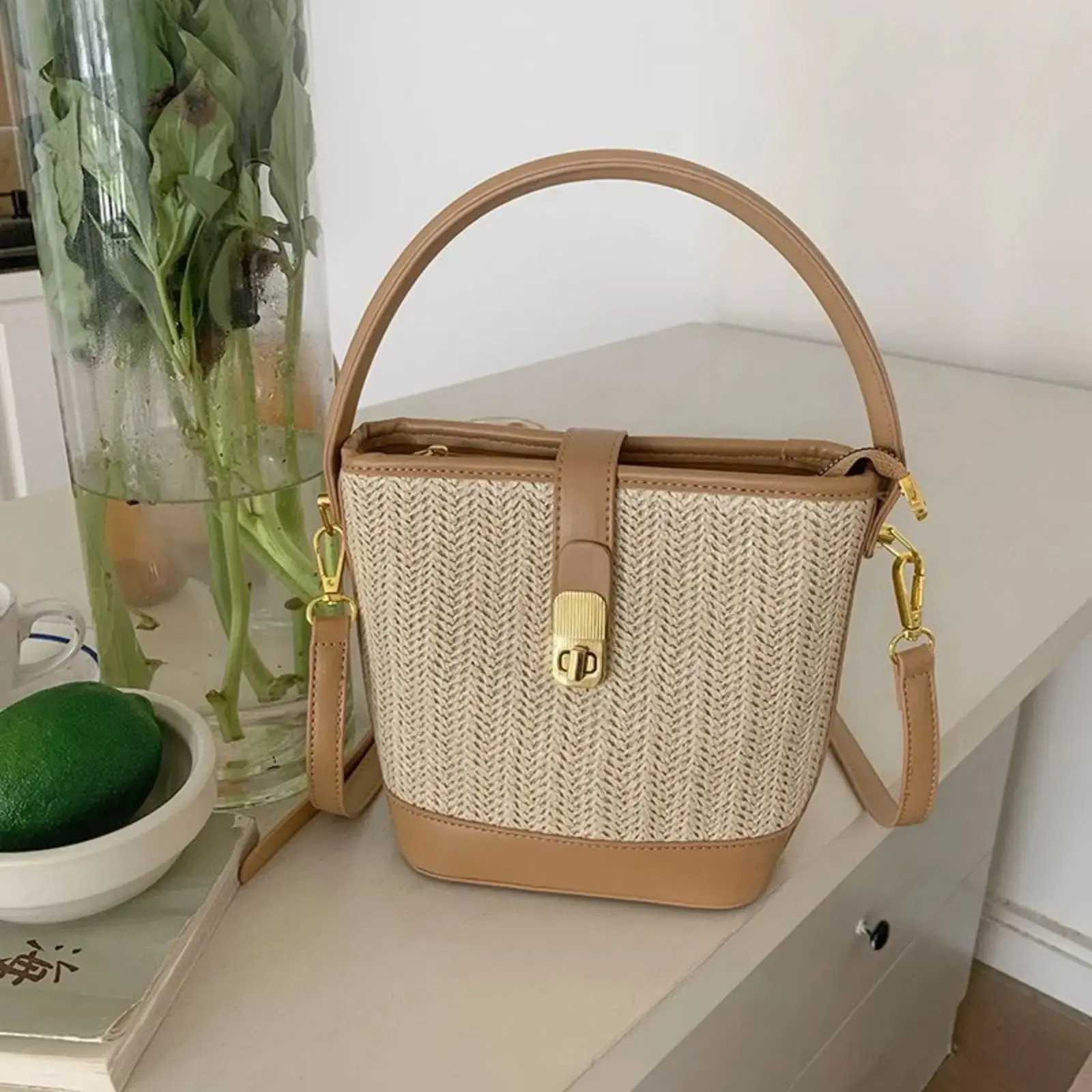 Women's Cute Woven Boho Straw Bucket Bag - Bohemian Casual Purse with Top Handle, Adjustable Strap, Athletic Zipper, Waterproof Pouch, Plaid/Plain PU Nylon, Bucket Shape (Cold Wash Care Note) | Beach Straw Design Crossbody & Shoulder Gym Bag