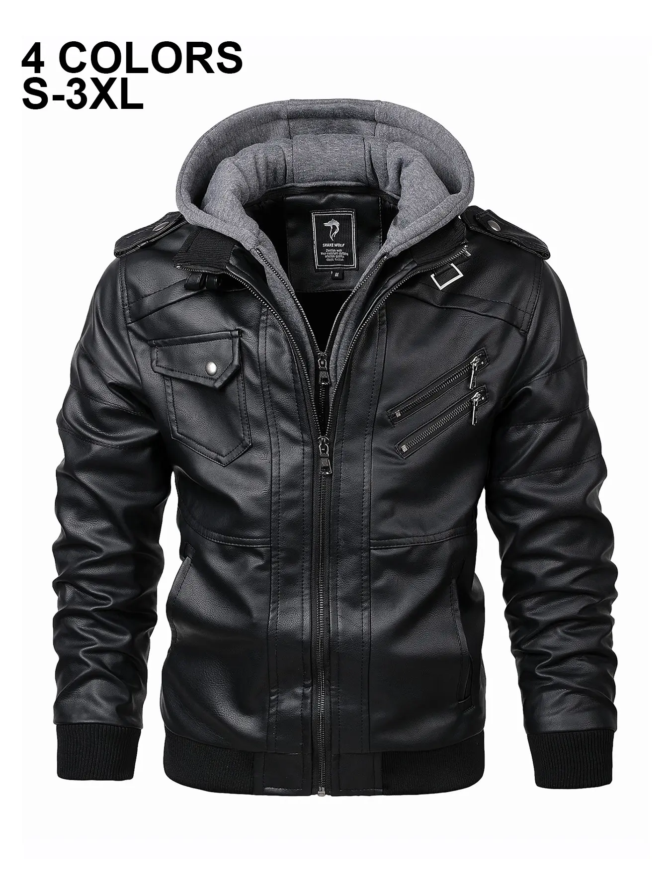 Men's Winter Leather Jacket Hooded Coat Cycling Suit Thick Motorcycle Warm Leather Jacket, Casual Sport Windproof Thermal Outerwear