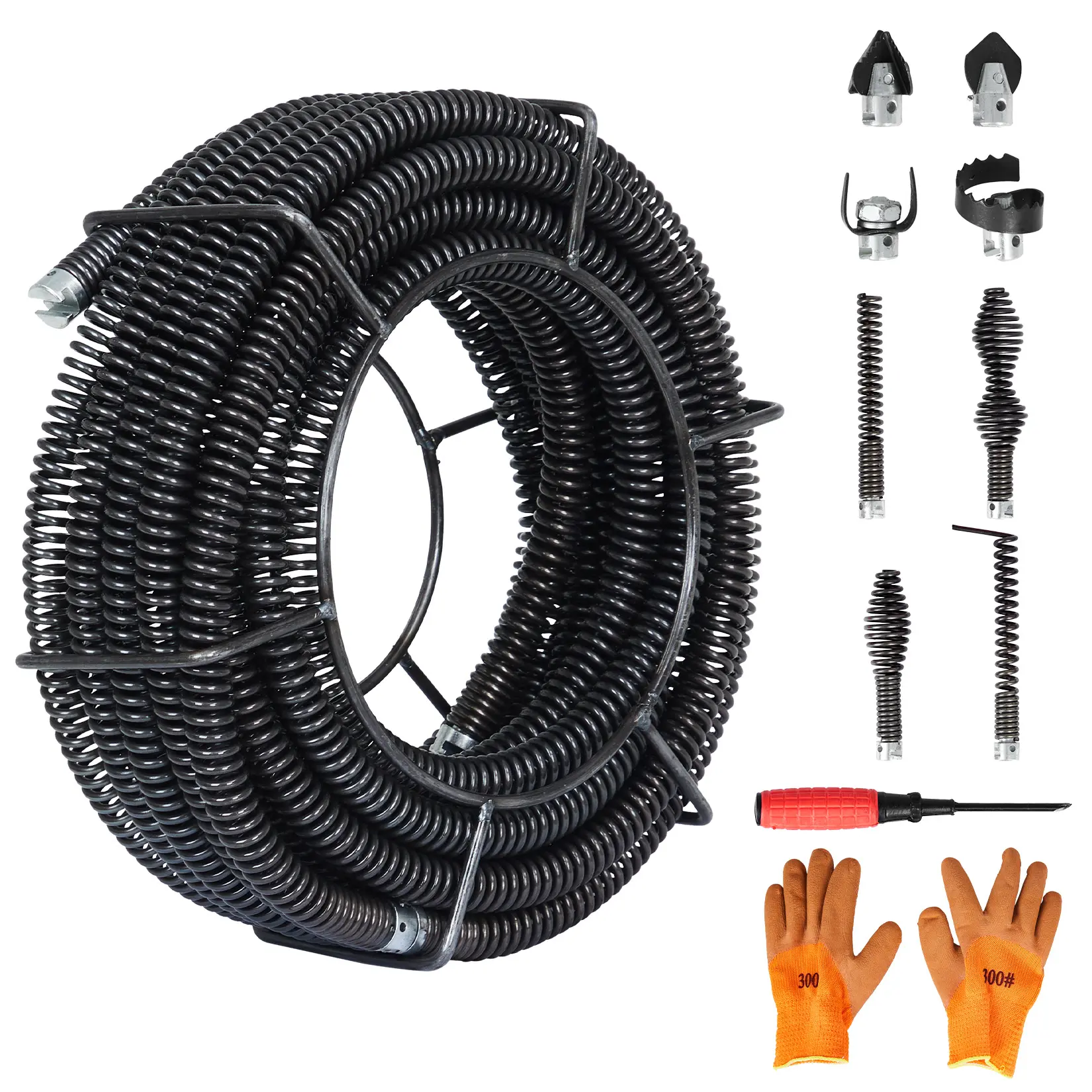 60FT x 0.5in Flexible Drain Cleaning Coil Cable Replacement for Drain Auger Machine, Heavy-Duty 65 Manganese Steel Sewer Snake with 7 Replaceable Cutting Heads & Work Gloves, Inches
