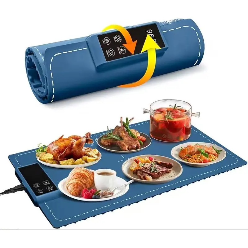 Food warming mat, made of silicone material, features temperature control function, the electric heating mat uses full-surface rapid heating technology, and its foldable design is suitable for buffet parties and kitchen countertops
