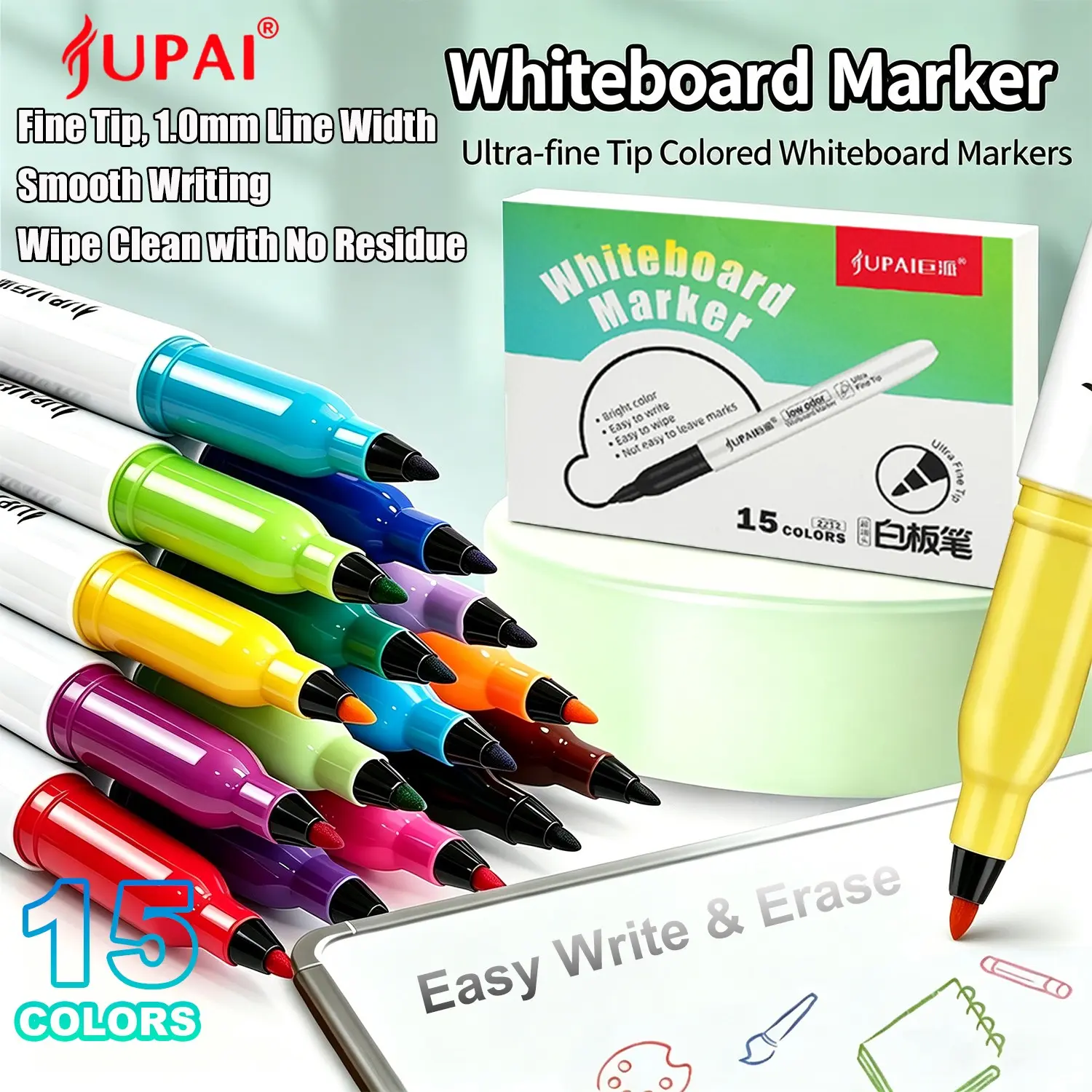Jupai 15 Color Fine Tip Whiteboard Pen, 1mm Durable Fiber Tip, Low Odor Eco Ink, Smooth Writing, Erasable, Portable Clip, Ideal for Various Surfaces