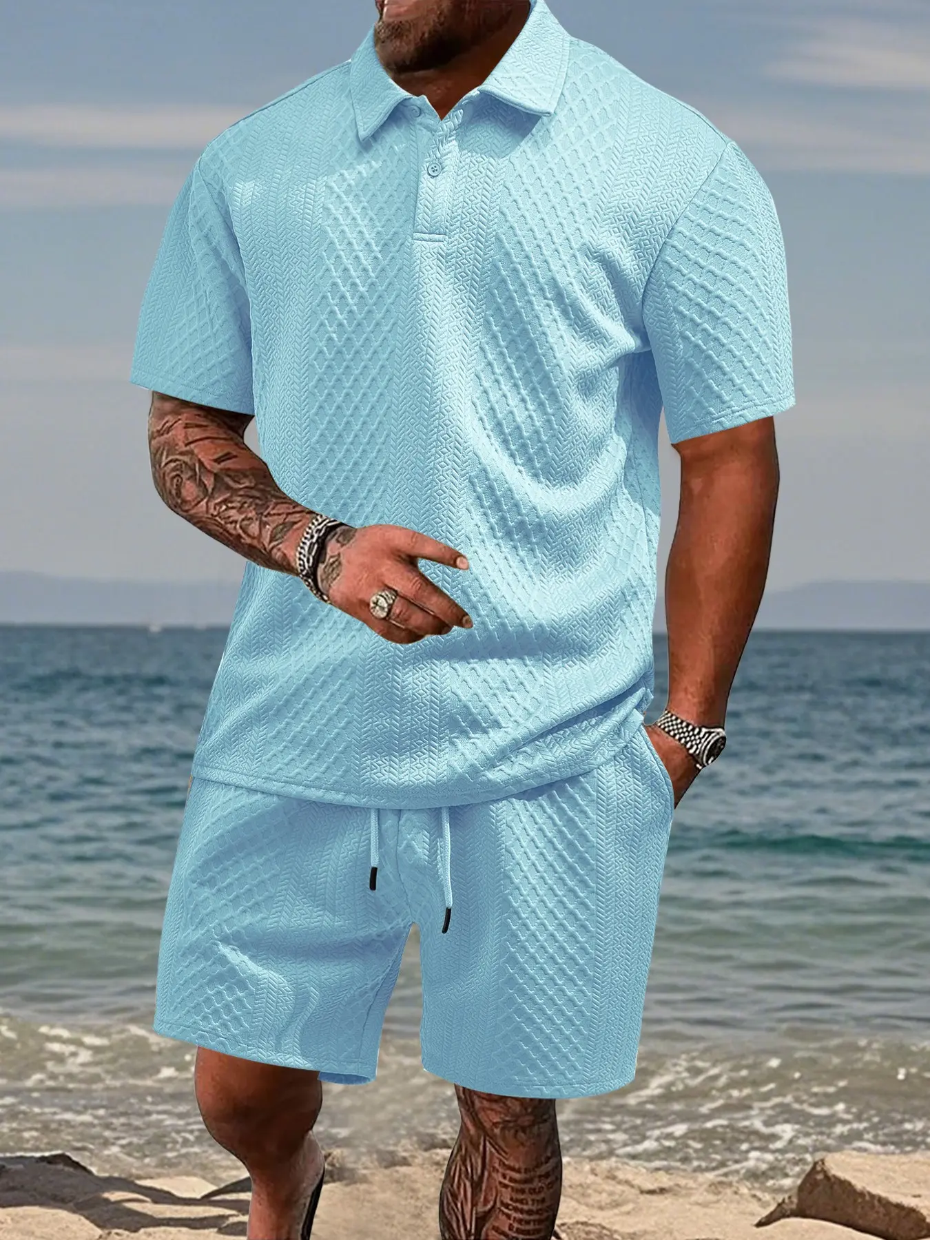 Please Purchase A Size Up. Men's Solid Casual Polo Shirt & Drawstring Waist Shorts Set with Pockets, Cozy Breathable Two-piece Outfits for Daily Outdoor Wear, Men Clothes for Summer.