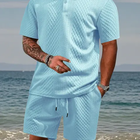 Men's Solid-Color Textured Casual Polo Shirt and Drawstring-Waist Shorts Two-Piece Set with Pockets, Cozy Breathable Summer Outfit for Daily and Outdoor Wear, Size Up Recommended