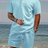 Men's Solid-Color Textured Casual Polo Shirt and Drawstring-Waist Shorts Two-Piece Set with Pockets, Cozy Breathable Summer Outfit for Daily and Outdoor Wear, Size Up Recommended