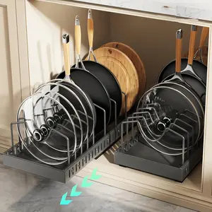 2Pcs Pull Out Pot & Pan Storage Organizer for Kitchen Cabinets, Sliding Lid & Pan Holder with 16 Adjustable Dividers, Fits Lids, Baking Tools, Plates, Ideal Halloween Christmas Gift