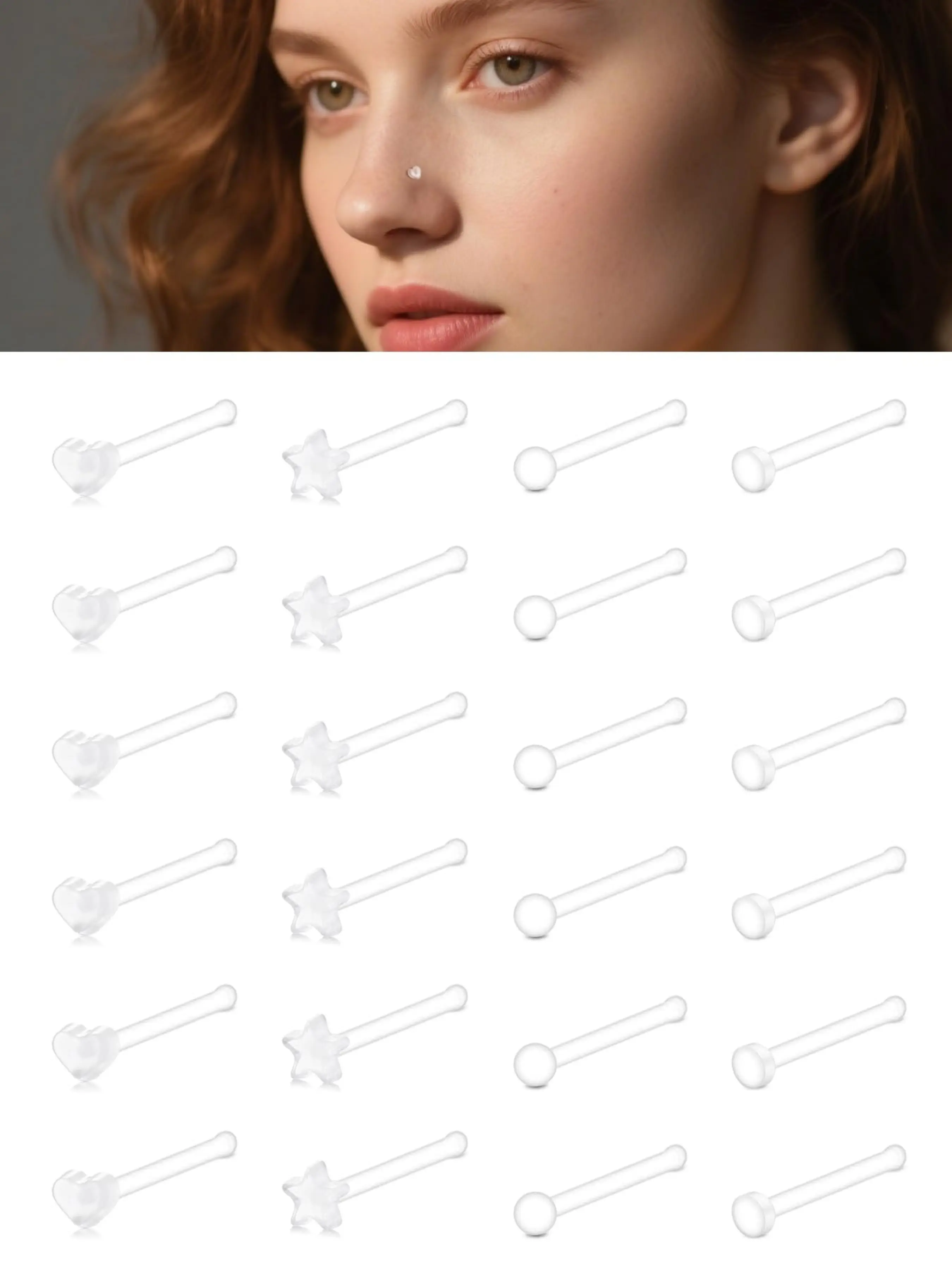 24Pcs 20G Clear Nose Studs Clear Nose Rings for Work Straight Plastic Piercing Retainers for Surgery Sport School Small Tiny Invisible Nostril Piercing Pin Spacers Cover Retainer Star Heart 18 gauge Nose Piercing Jewelry