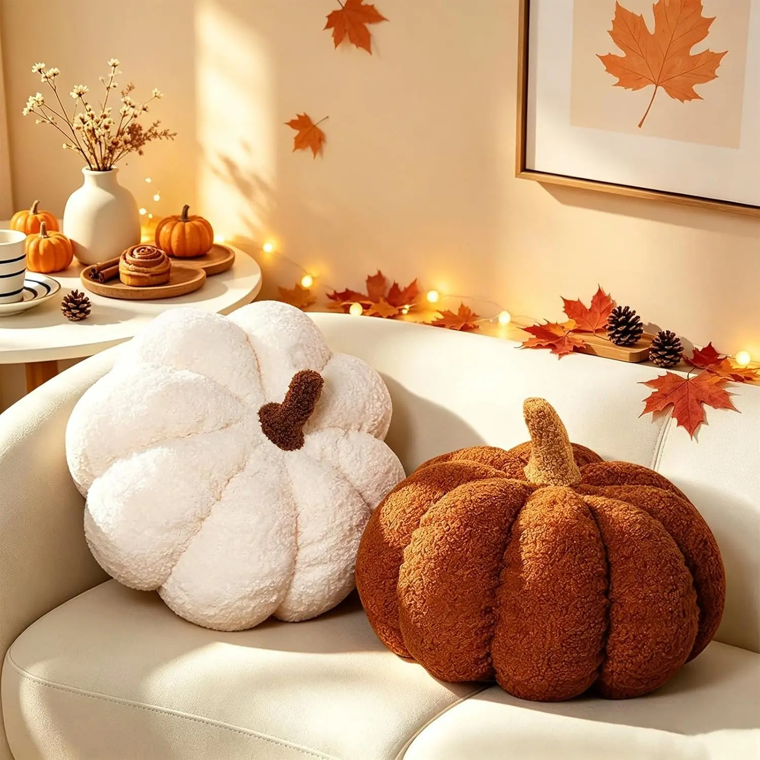 Teieas Pumpkin Pillow Thanksgiving Pumpkin-Shaped Throw Pillows Set of 2 | 2 Pcs 3D plush throw pillows,11.8in teddy fleece shaped cushion for couch bedroom indoor thanksgiving decorations white&brown