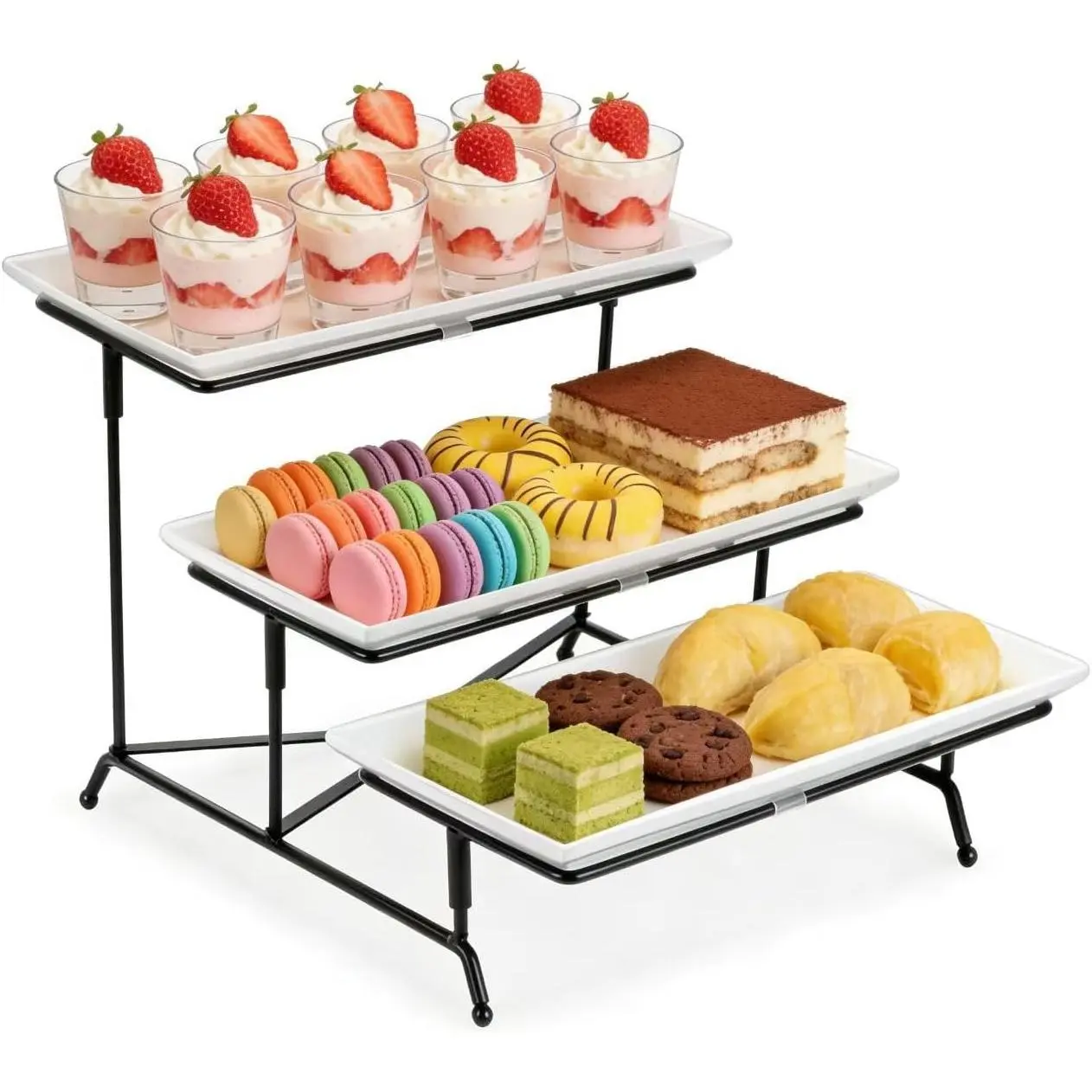 3 Tier Serving Tray, 12 Inch White Plastic Tiered Food Platter, Reusable Black Collapsible Metal Stand with Stable Cross Bars, Party Display Stand for Veggie, Fruit, DessertGift