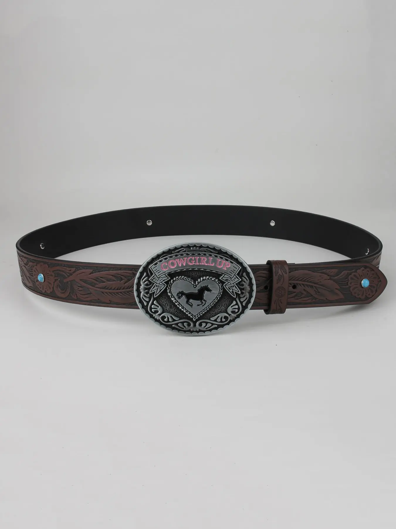 Vintage Women's Denim Belt, Floral Feather Pattern, Turquoise Color, Oval Buckle, Perfect for Jeans, Country Concert