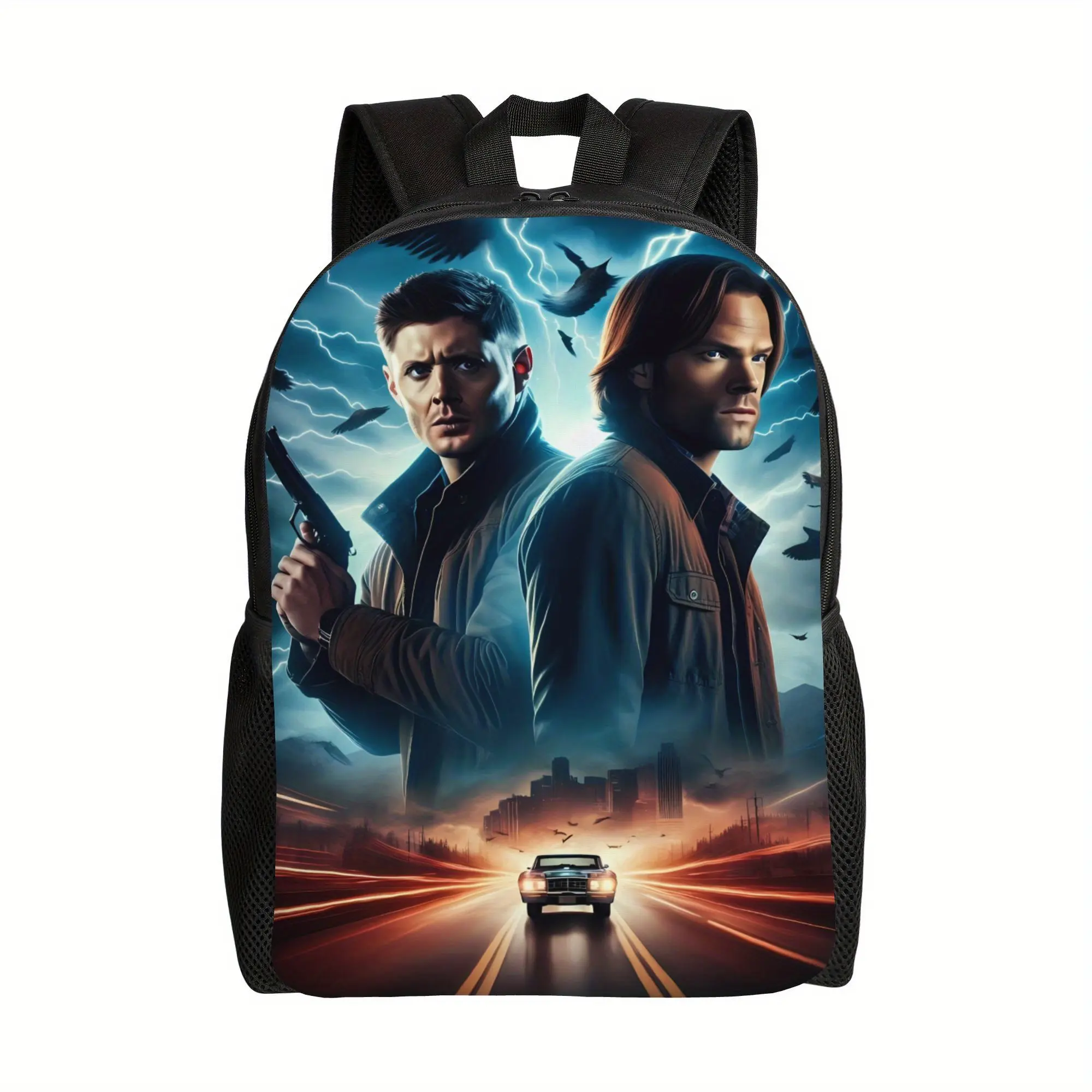 Supernatural Winchester Brothers Lightning Road Backpack - Dean & Sam Impala Cinematic Art Print, 600D Oxford Fabric, 15in Laptop Bookbag, Lightweight Fit, Zipper Closure, Dark Fantasy Travel Daypack Gift for TV Show Fans, Impala Print, Unisex Names, Back