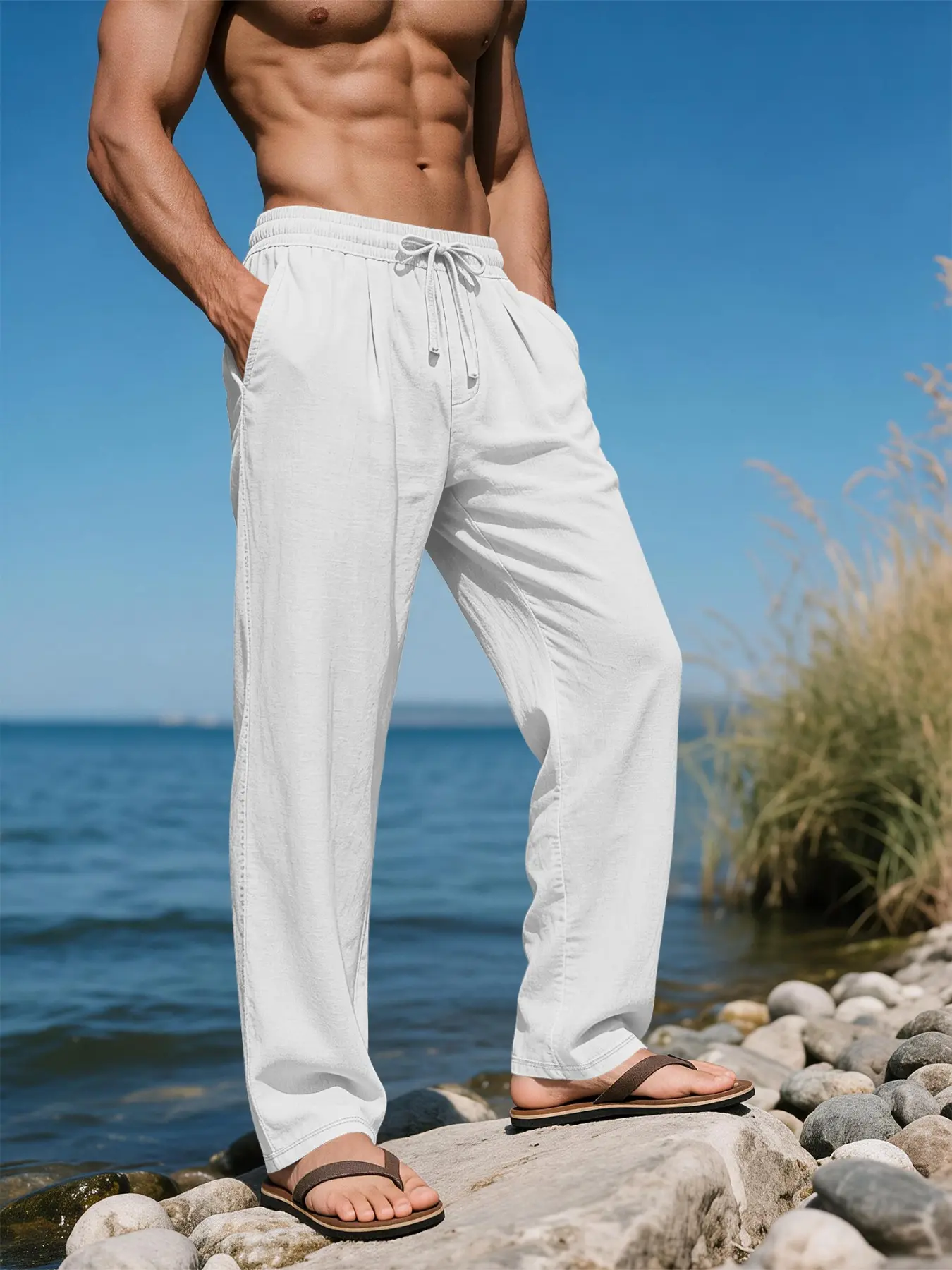 Men's Linen Long Plain Casual Trousers Pants, Breathable Tropical Summer Wear, Perfect for Beach, Travel and Commute, Fashionable Bottoms for Men, Casual Comfy Trousers