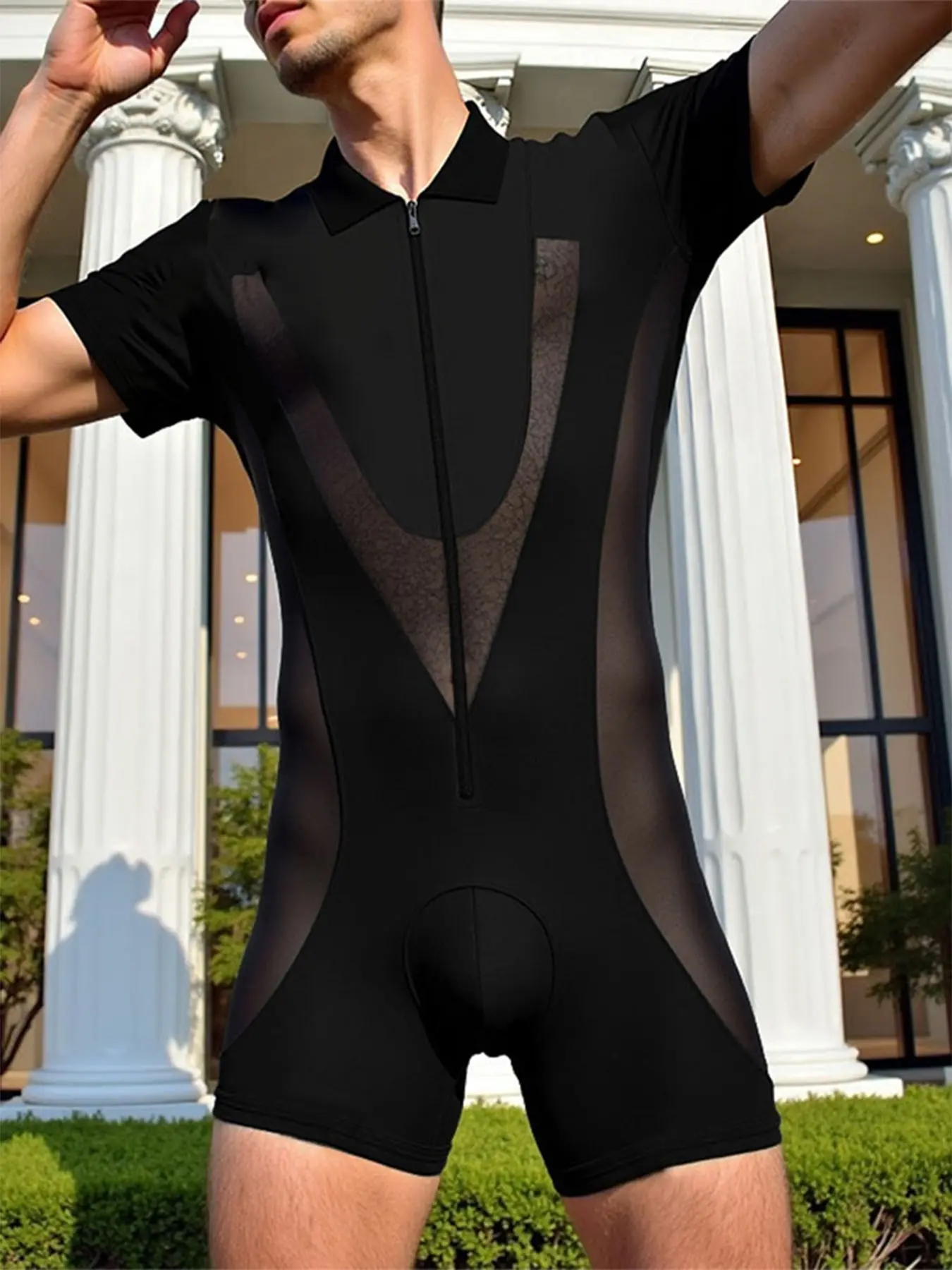 INCERUN Men's Casual Fashion Sporty Activewear Romper, Mesh Deconstructed Patchwork Design, Collar Zip Short Sleeve, Flat Front, Ideal for Gym Wear