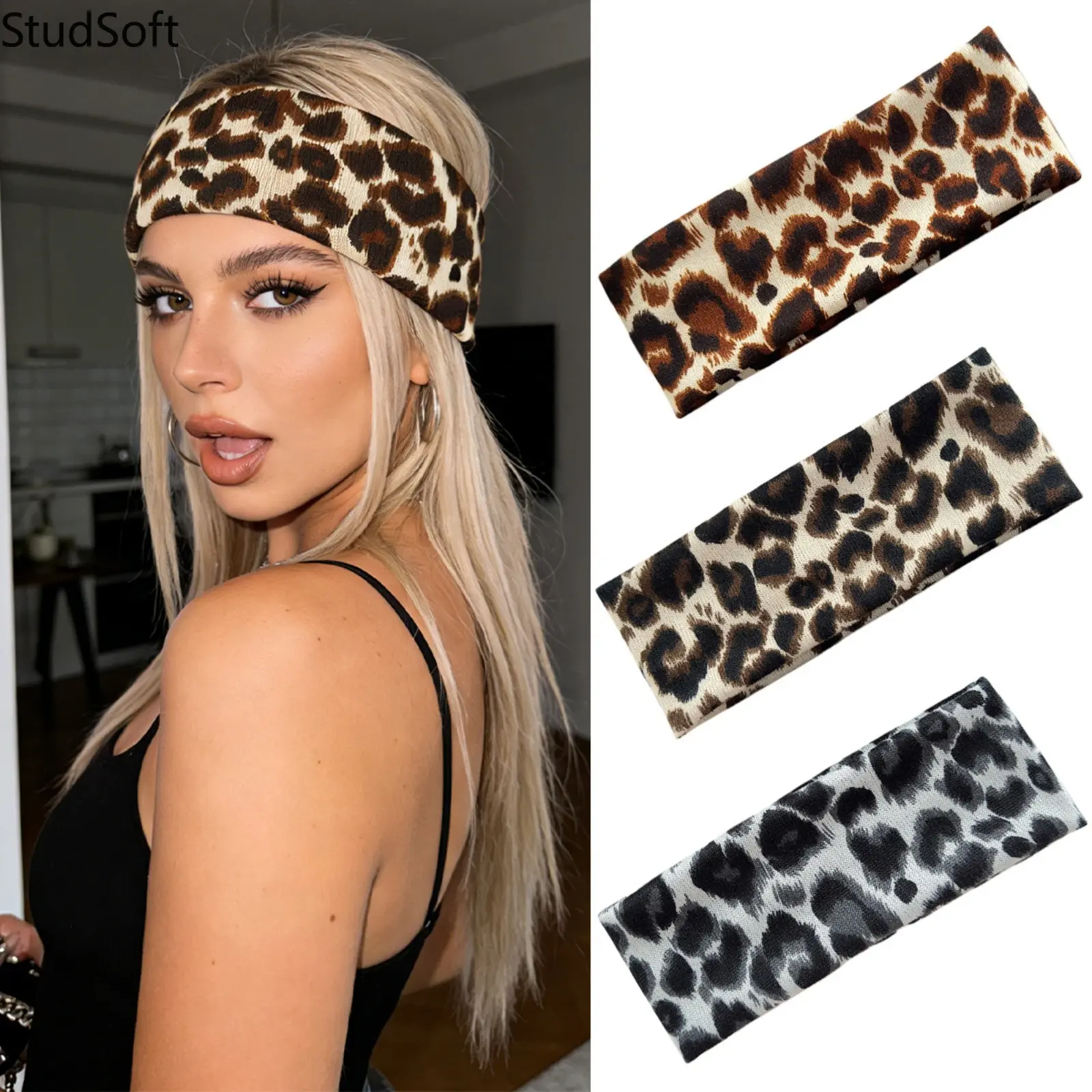Women's Wide Leopard Print Workout Headbands, 3-Pack Elastic Hair Accessories for Yoga, Running & Streetwear, Female,back to school,back to school haul