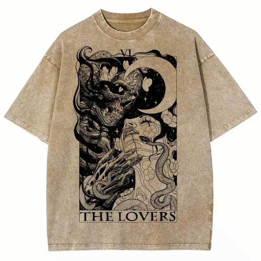 Women's Vintage Tarot Card Graphic T-Shirt, Oversized Short Sleeve Casual Top in Washed Combed Cotton, USA-Made with Ribbed Round Neck