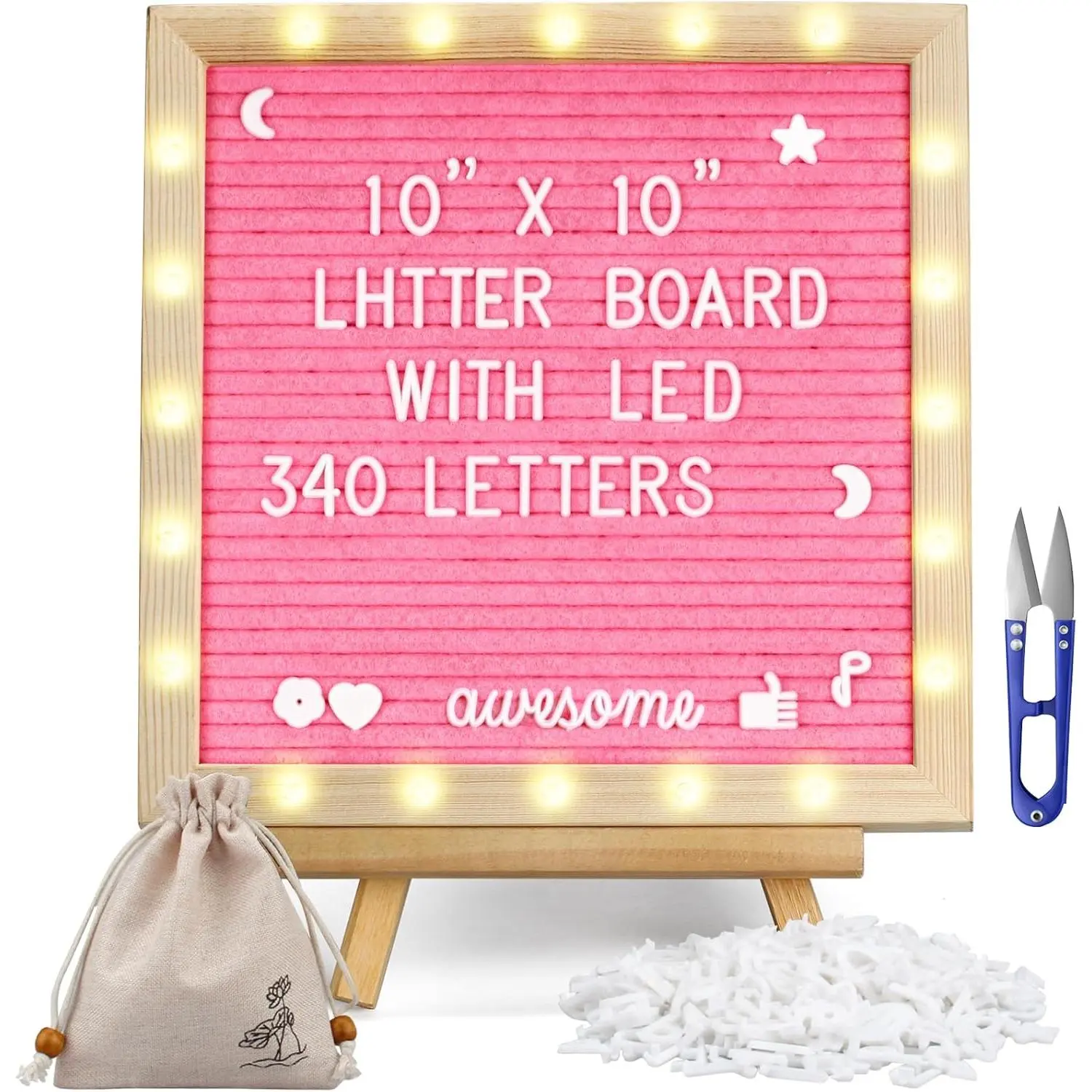 Felt Letter Board with Lights, -in LED Lights -Message Board Adjustable Stand, 340 Letters and Christmas,- for Menus,  Announcement, Weddings, Party Planning(10 * 10)