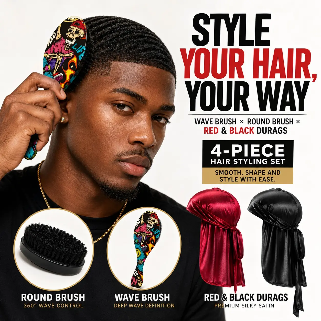 360 Wave Kit for Men Grooming Kit for 360 Waves  -True Texture Medium - All Purpose 360 Waves Brush for Men- Best Gift Set Hair Grooming Brush