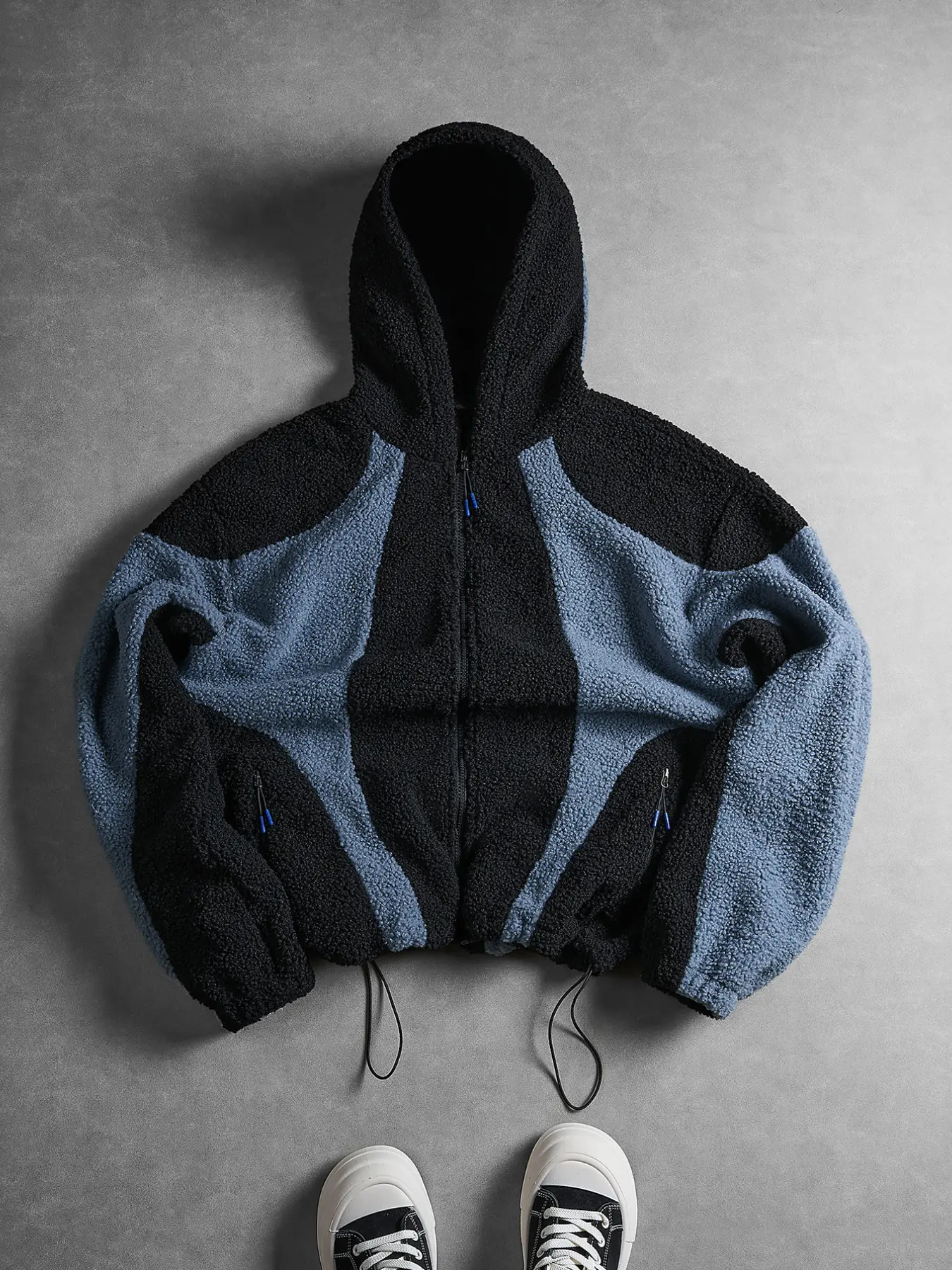 Men's Colorblock Lamb Fur Hooded Jacket, American Vintage Short Polar Fleece Coat, Perfect for Fall Winter and Travel