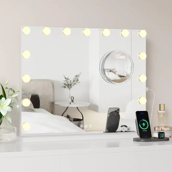 GARVEEVanity Mirror with 15 LED Bulbs, 3X Magnifying, 3 Colors Modes, USB & Type-C Charging, Alloy Metal, Touch Control, Tabletop, White